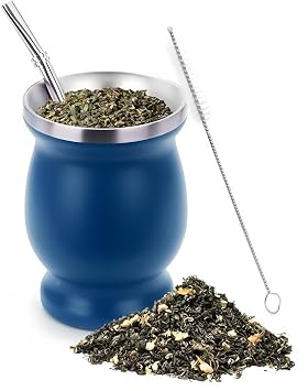 8oz Yerba Mate Cup With Bombillas Straw & Cleaning Brush, Stainless Steel Double wall Travel Gourd Mug Tumbler, Blue