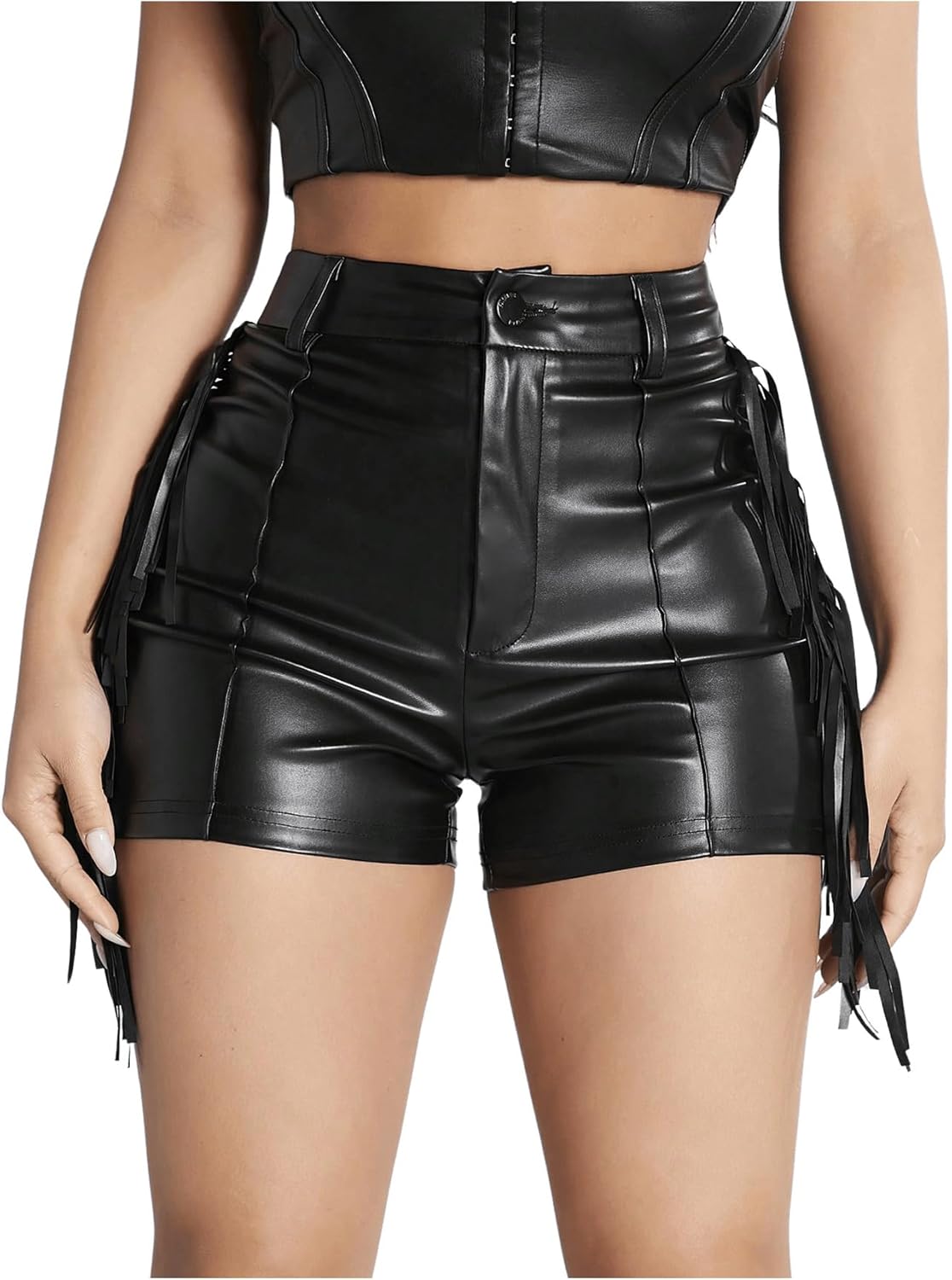 OYOANGLE Women's PU Leather Elastic High Waist Fringe Shorts Party Skinny Straight Leg Shorts