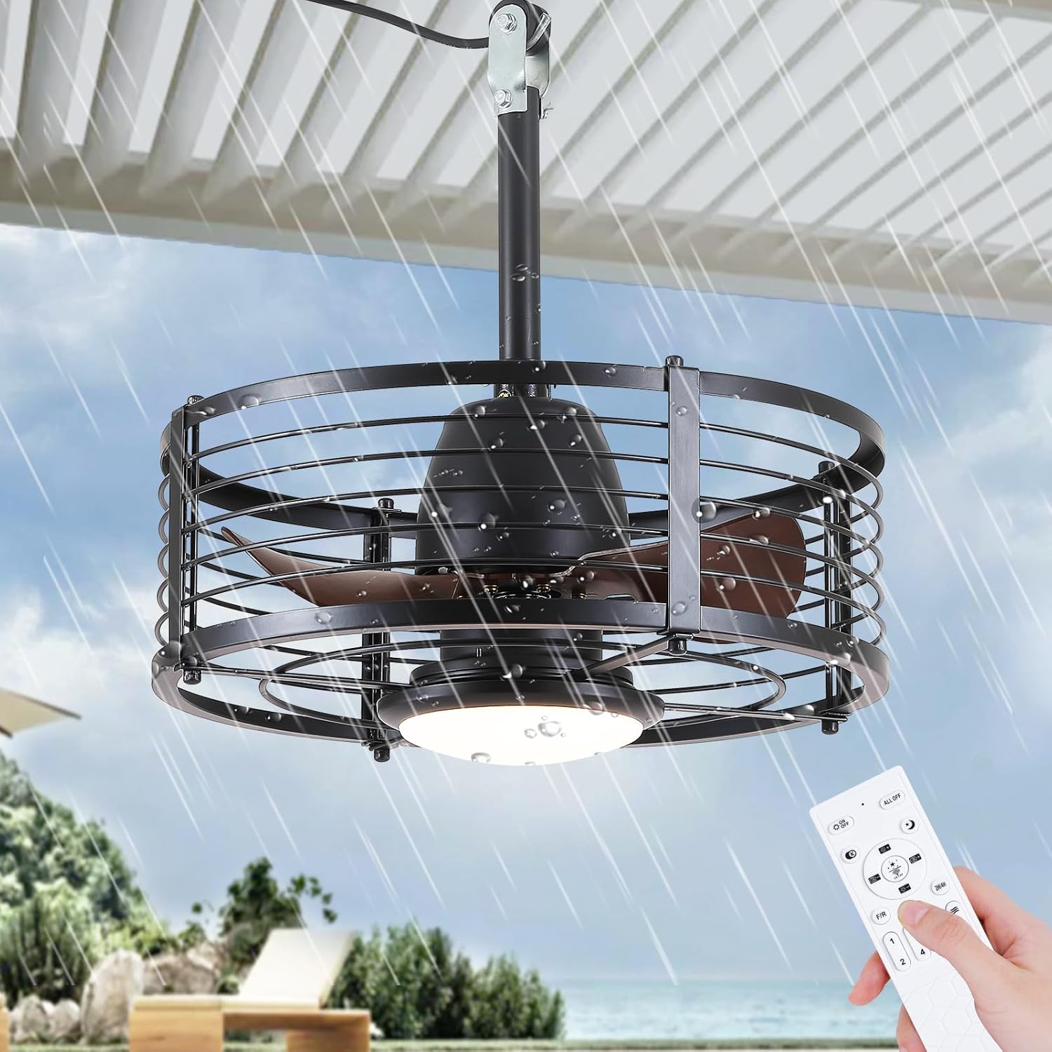 18" Caged Ceiling Fan with Light for Outdoor Waterproof, Low Profile Industrial Fan Light Fixture, Black Plug In with Hook Ceiling Fan for Outdoor Patios, Gazebo