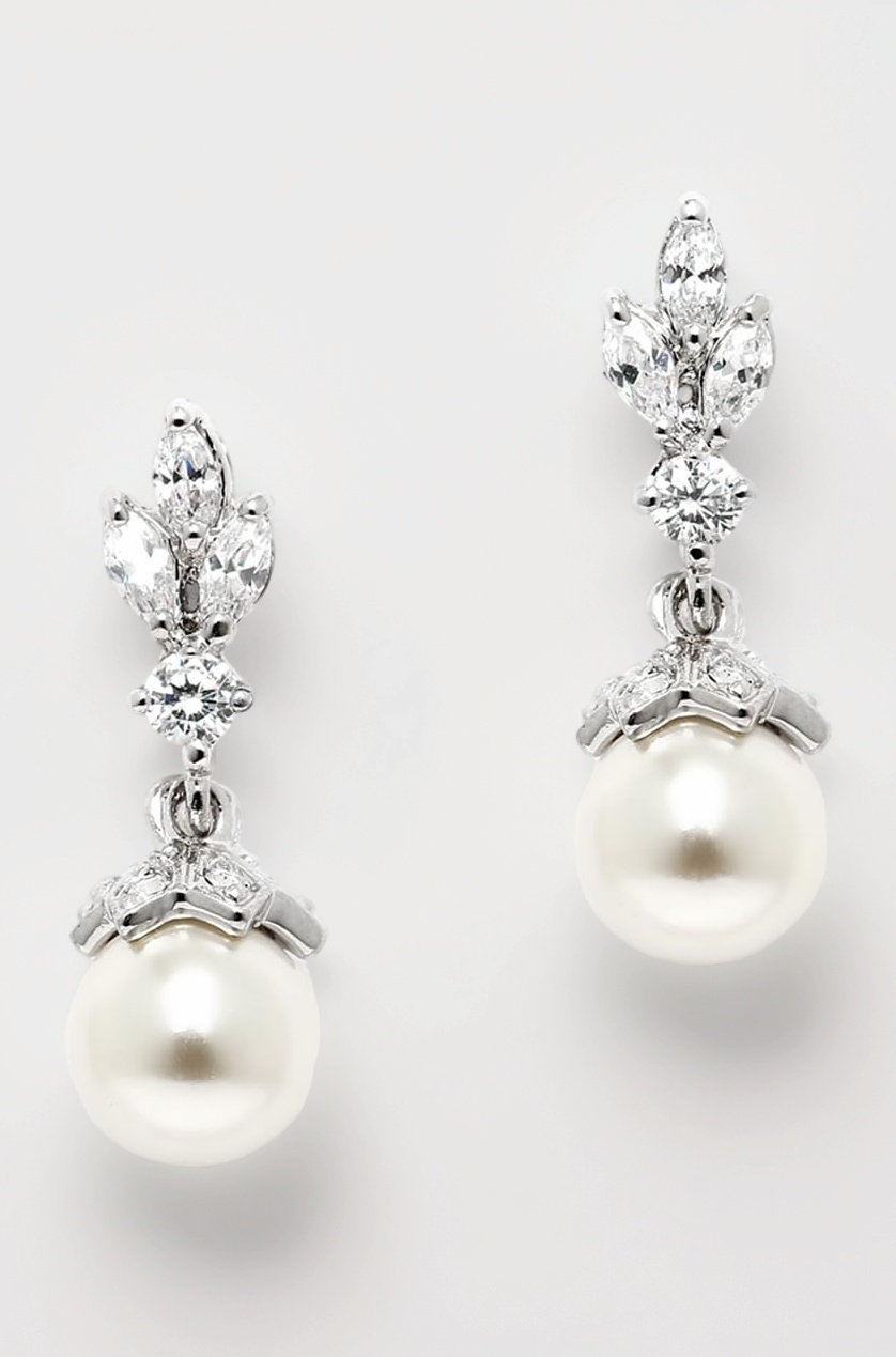 Mariell Mariell Light Ivory Pearl Drop Vintage Bridal Earrings with Platinum Plated Cubic Zirconia Marquis