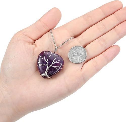 Miniatura 5 de Top Plaza - Collar de cuarzo rosa natural curativo con árbol de la vida envuelto en alambre de plata con forma de corazón colgante para mujeres y