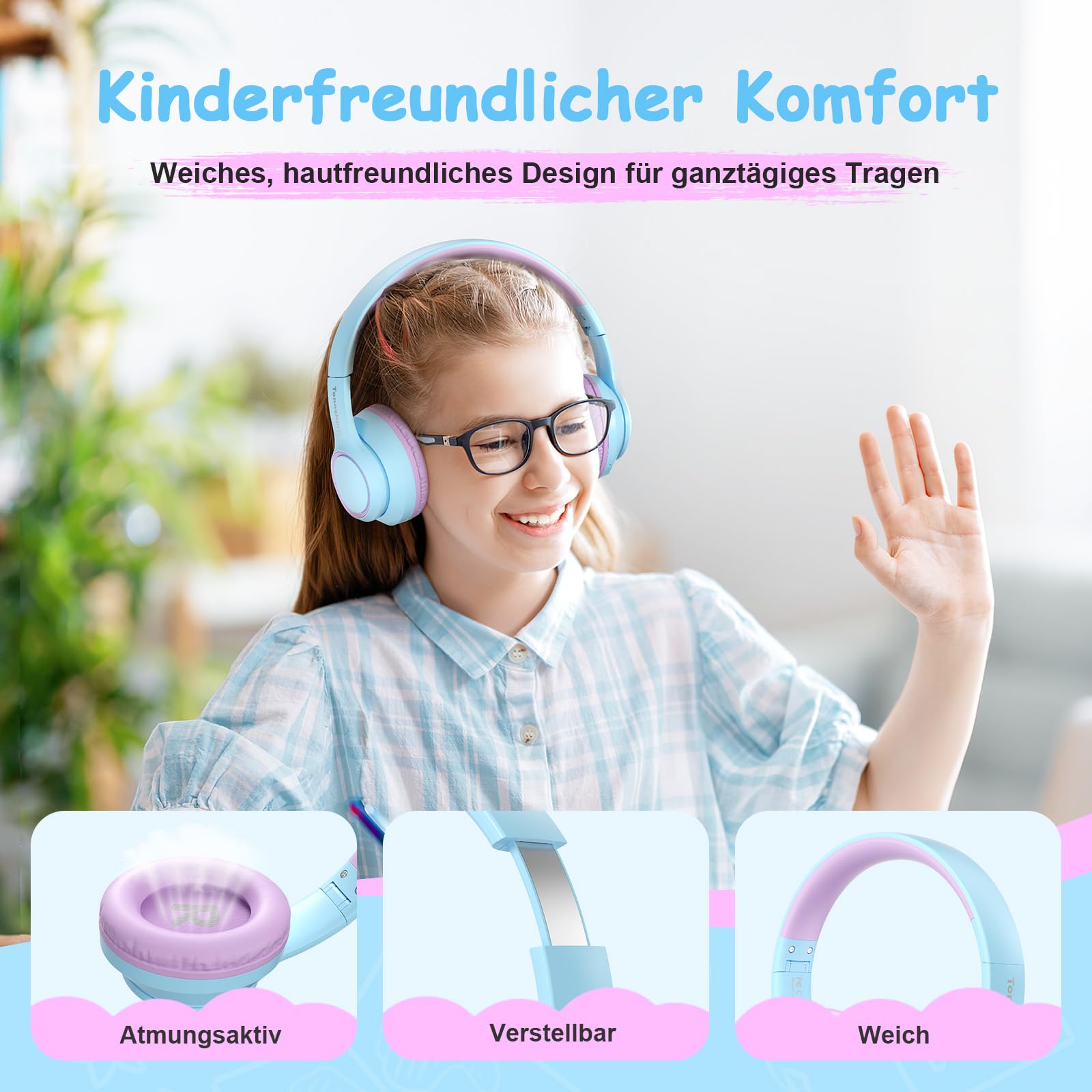 TONOSHARK Kinderkopfhörer Bluetooth | Bluetooth Kopfhörer Kinder | Noise Cancelling Kopfhoerer Kinder | Over-Ear | Kabellos | Mit Mikrofon | 60h Spielzeit - Für Schule/Reisen,Inkl. Tragetasche (Lila)