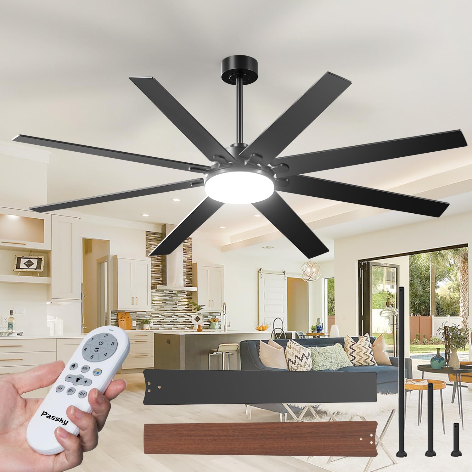 72 inch Ceiling Fans with Lights, Large Modern Ceiling Fan with Light and Remote Control, Reversible, 3CCT, Dimmable, Quiet, Black Ceiling fan For Bedroom, Living Room, Patio Farmhouse, Indoor/Outdoor Black 72 inch