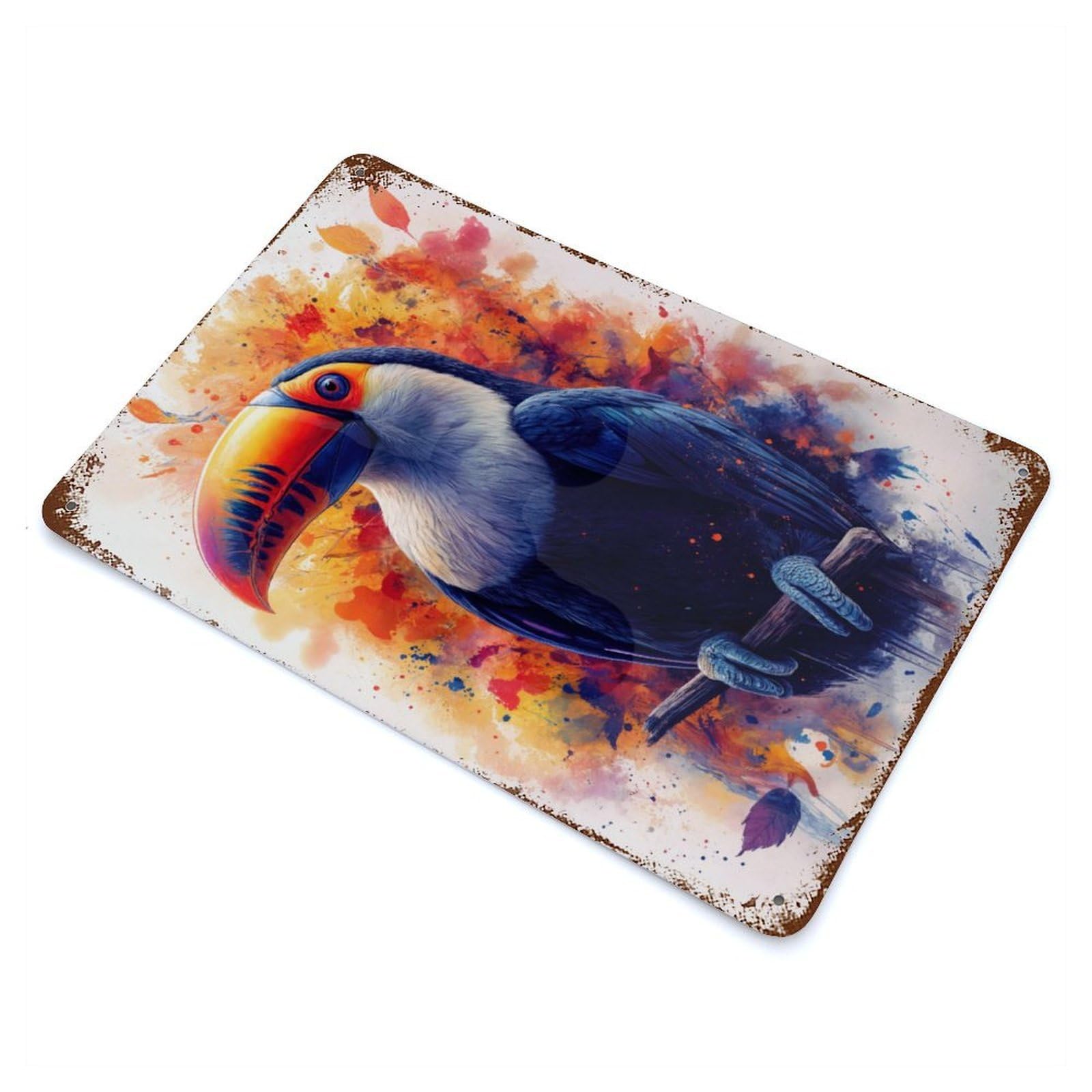 Rust Effect Toucan Watercolor Art Weathered Tin Sign 11.8"x7.9", Shabby Chic Decor for Cafe, Home Bar And Lounge Decor
