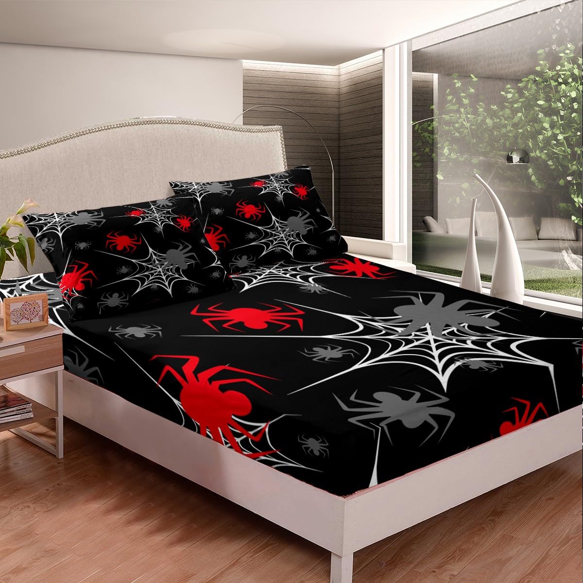 Homemissing Set di biancheria da letto con motivo ragno a ragnatela con motivo animale, lenzuolo con angoli per bambini e adulti con 2 federe matrimoniali