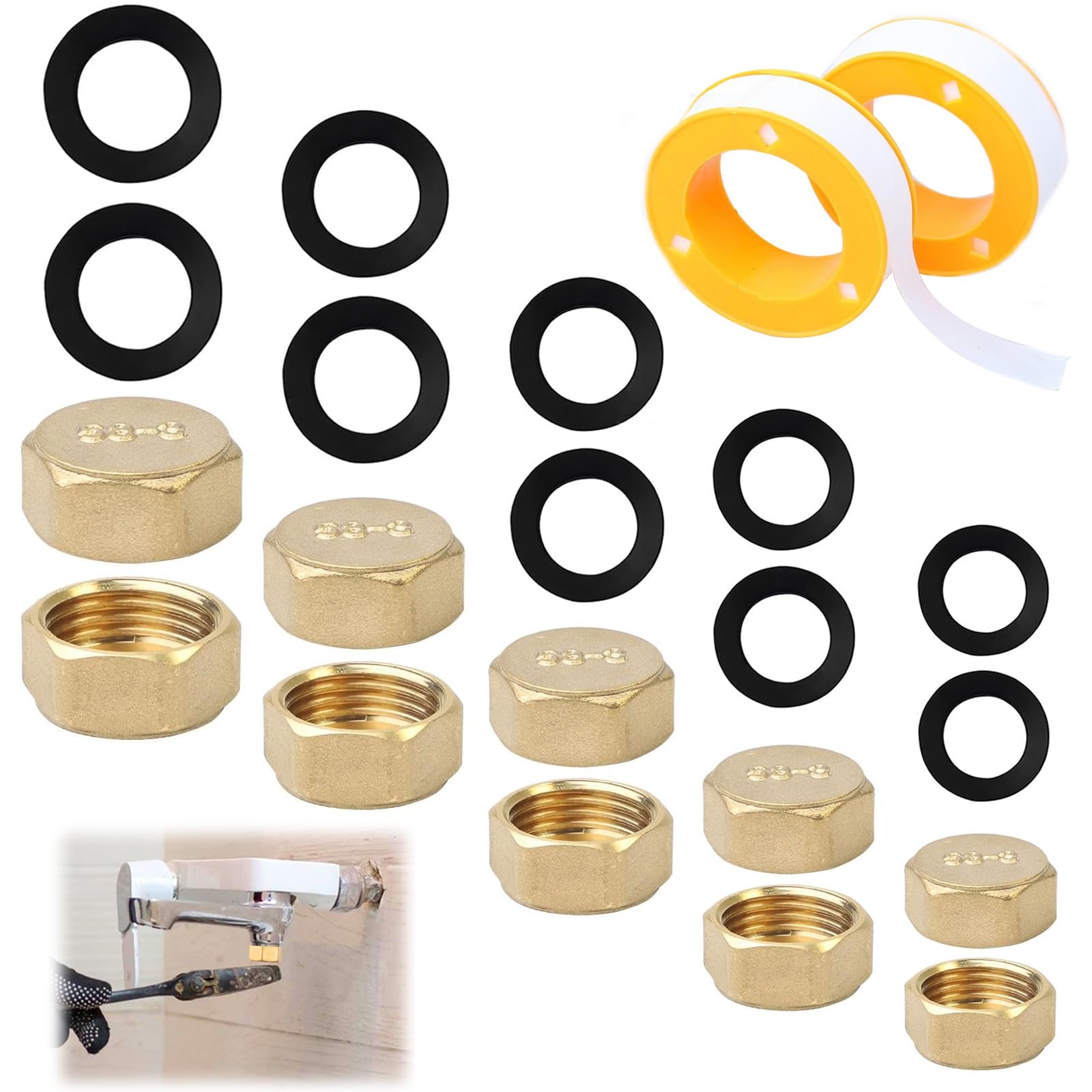 10 PCS Radiator Valve Caps, Brass Radiator Caps, 1/8, 1/4, 3/8, 1/2, 3/4 inch Female Stop Cap with Plumber's tape 10 Rubber Gaskets for Washing Machine Radiator Valve Faucets Tap