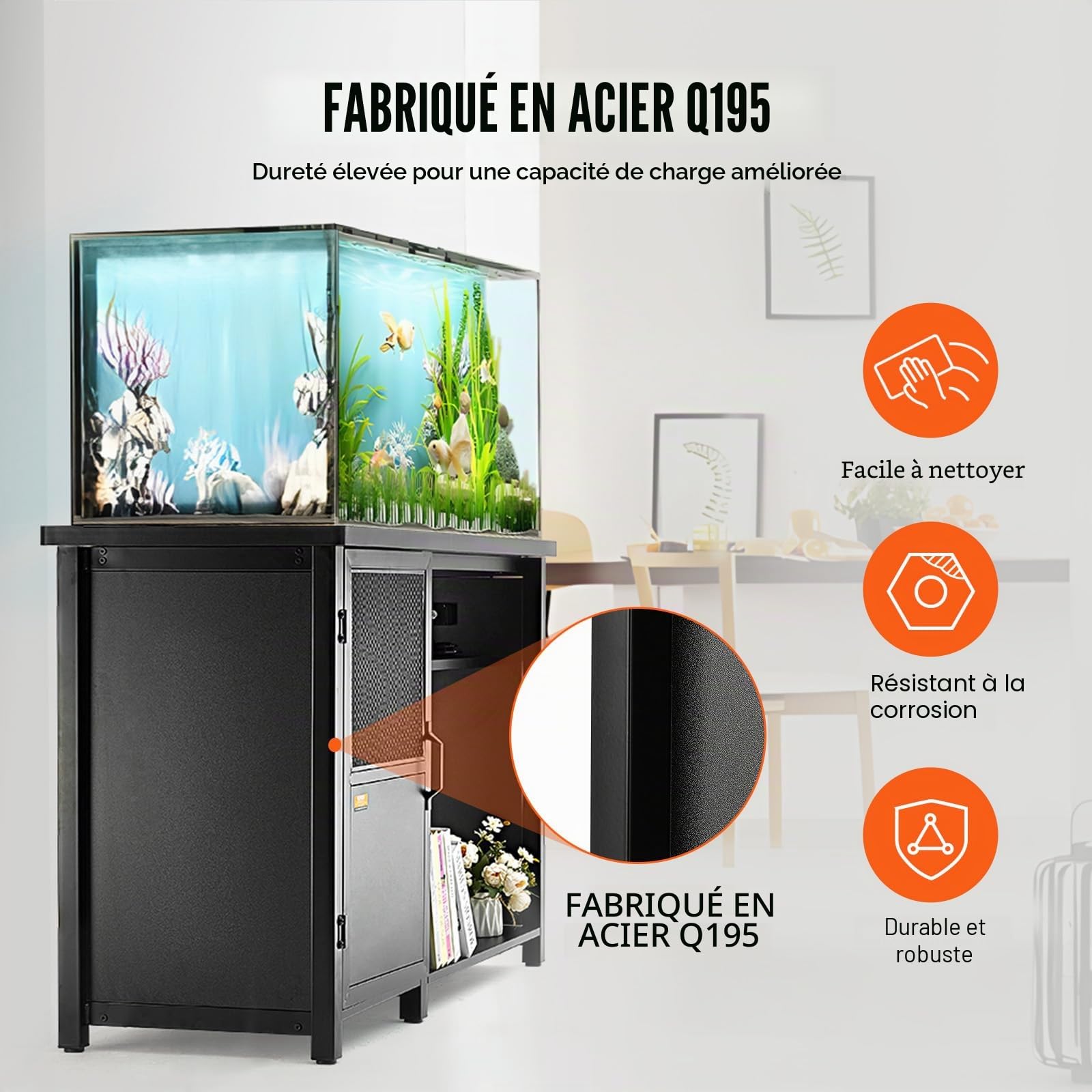 VEVOR Support pour Aquarium Charge 284 kg, Meuble pour Aquarium Aquariophilie 132x50x82 cm, en Acier et MDF, Support pour Réservoir de Reptiles avec Armoire de Rangement et Prise Électrique Intégrée