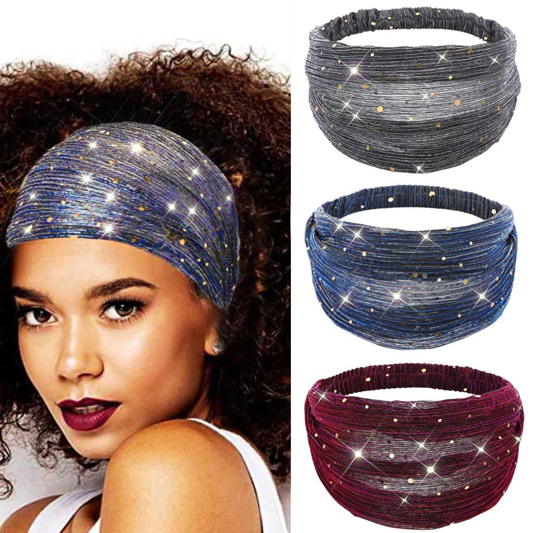 CAKURE Sequin Wide Headband Black Turban Headbands African Glitter Head Wraps Stretchy Bling Hair Wraps Hair Bands Yoga Running Sport Hair Accessories for Women and Girls