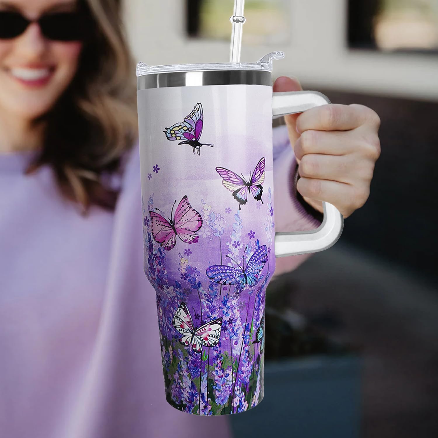 Ceovfoi 40 Oz Butterfly Tumbler With Handle, Purple Lavender Coffee Travel Mug Cup, Water Bottle, Butterfly Decor, Gifts for Women