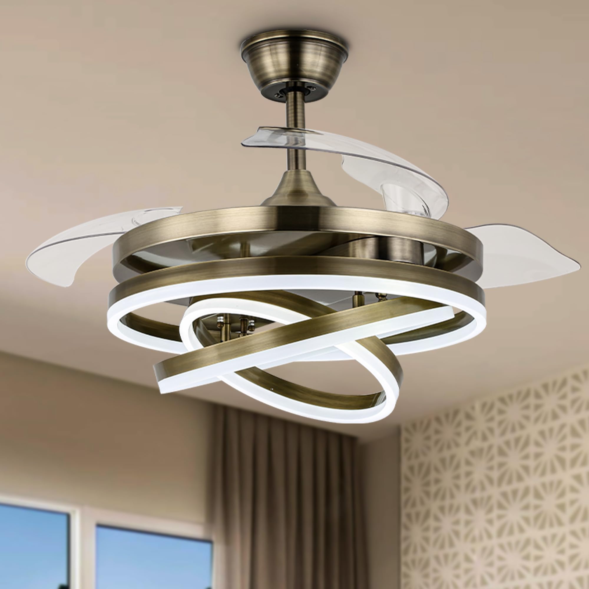 Photo 1 of Curve Curio 42 Inch Retractable Chandelier Ceiling Fan with Lights and Remote, Modern Ceiling Fan with Light Fandelier 6 Speed 3 Color Light for Living Room Bedroom Bronze