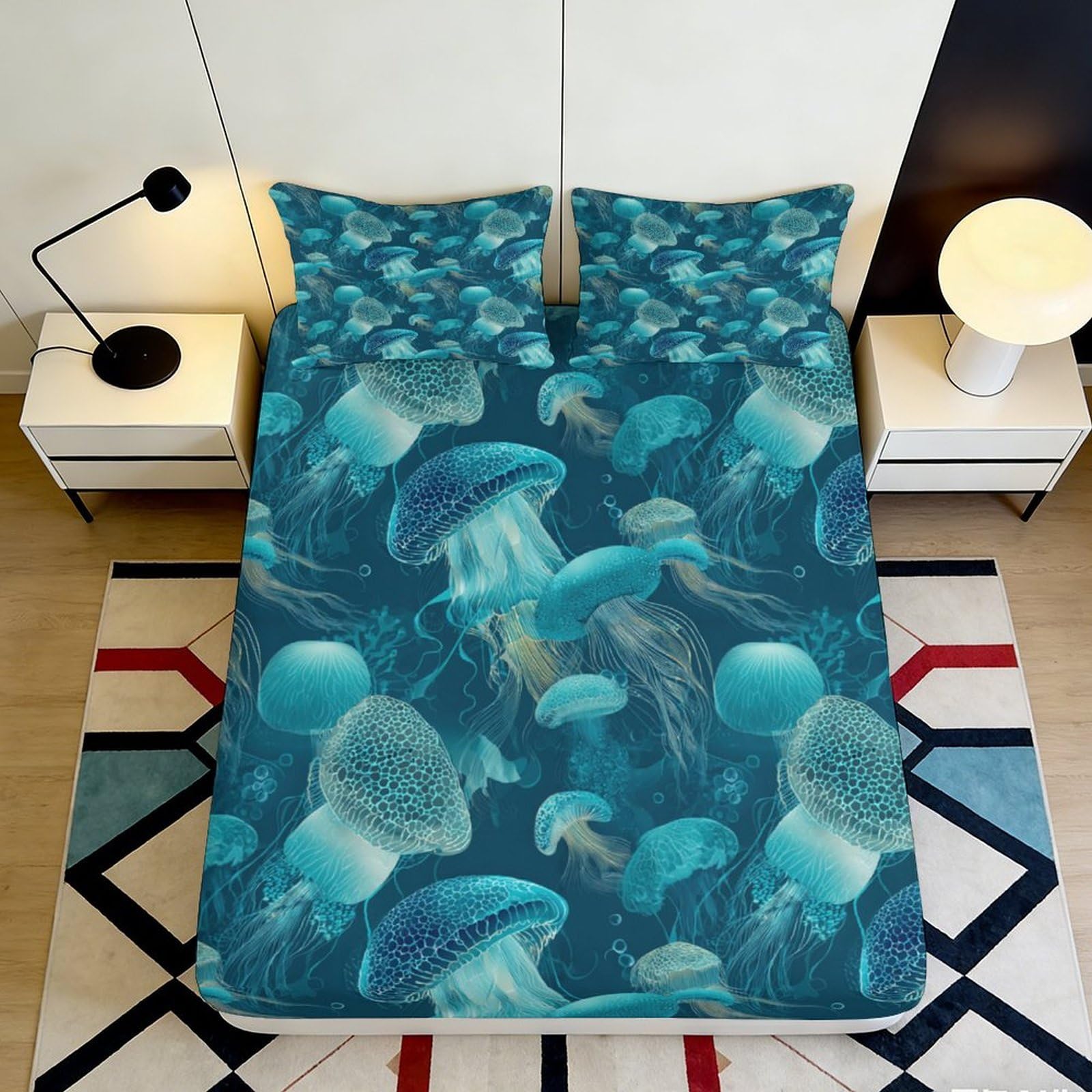 3D Printed Jellyfish Ocean Fitted Sheet Microfiber Blue Underwater Bed Cover for Bedroom Guest Room Decor 90x200x25cm