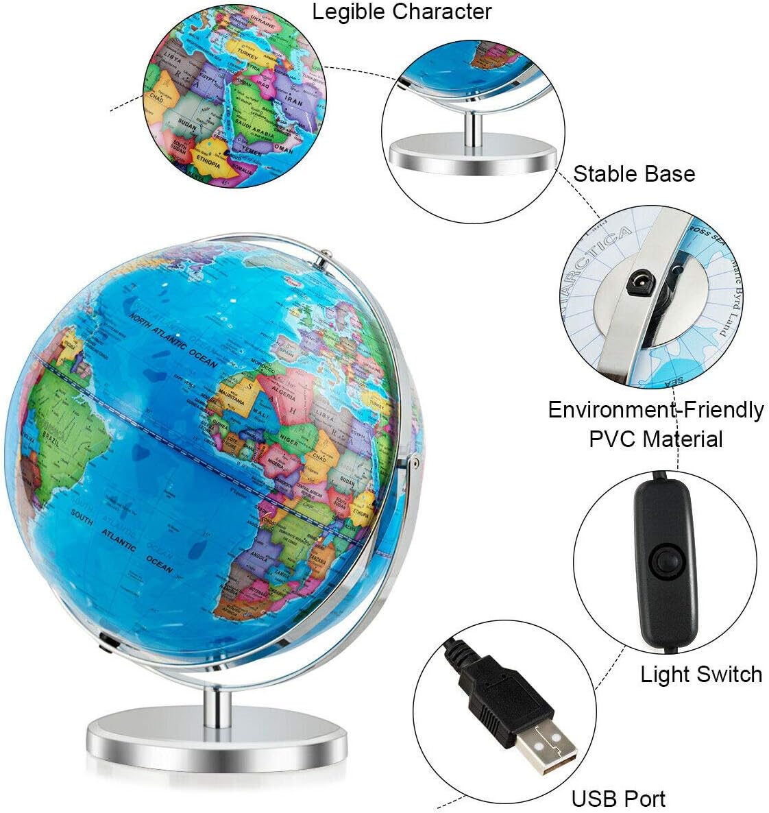 Goplus Desktop World Globe, Educational Geographic World Globe with LED Lights for Students Adults, 720° Rotation Decorative Globe, Easy to Read Labels Over 4000 Locations for Classroom, Office