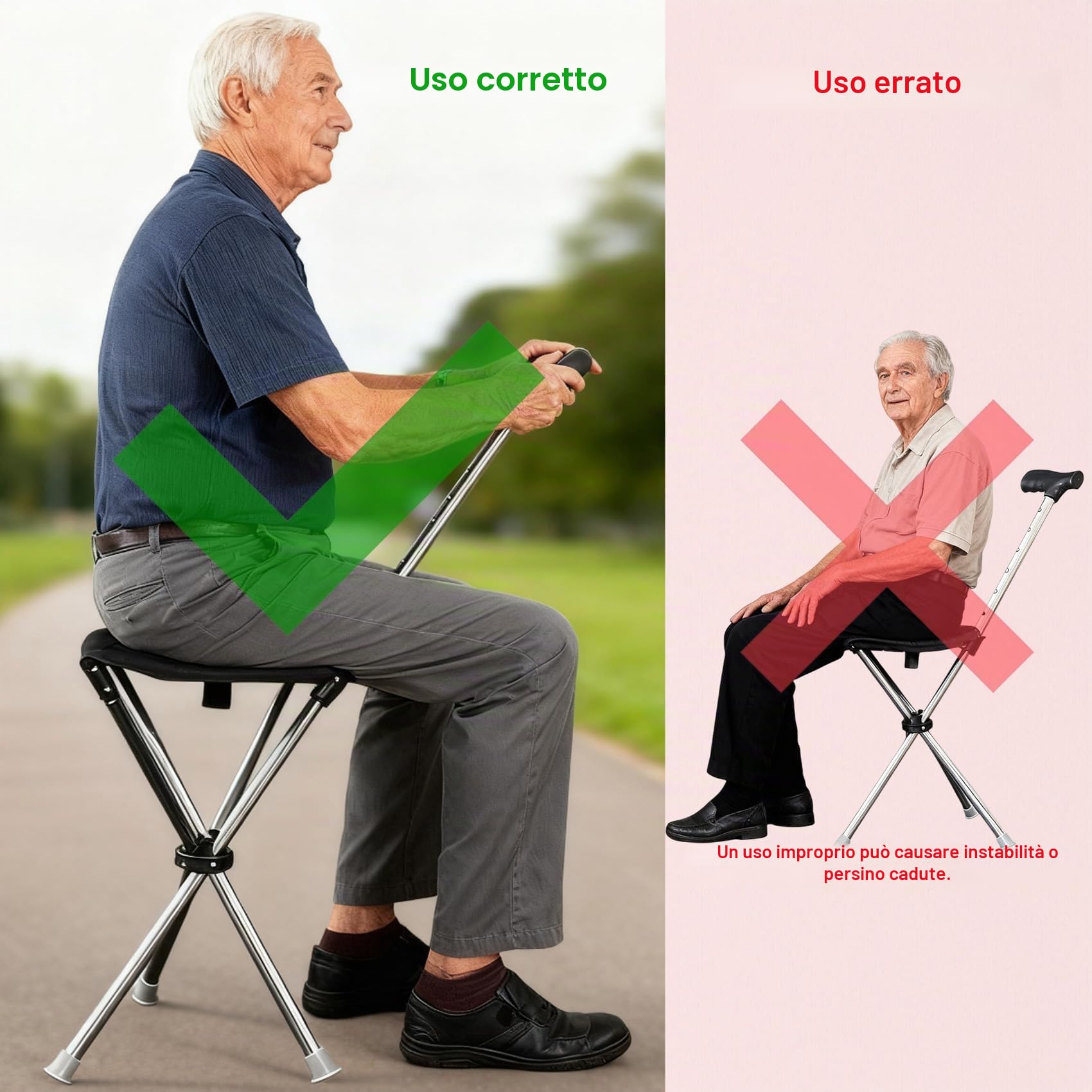 Bastone da passeggio pieghevole con funzione di seduta e base in silicone antiscivolo
