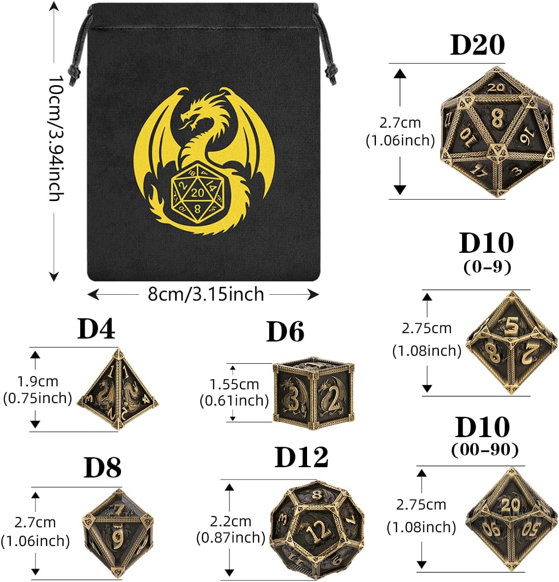 DND Metal Dice Set, Dragon Theme, 7-Piece Polyhedral Metal Dice, RPG, MTG, Role Playing Board Game Accessories, D&D Gifts with Gift Bag, D20, D12, 2 D10 (00-90 and 0-9), D8, D6 and D4