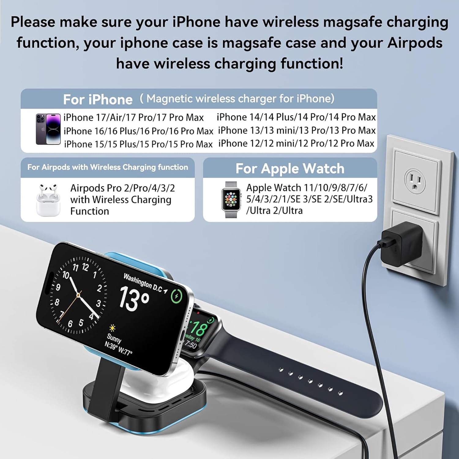 3 in 1 Mini Foldable Charging Station for Apple Devices, Wireless Charger Stand for Magsafe for iPhone 17/Air/16/15/14/13/12 Series, Apple Watch Series, AirPods pro/2/3/4, Gifts for Women Men (Blue)