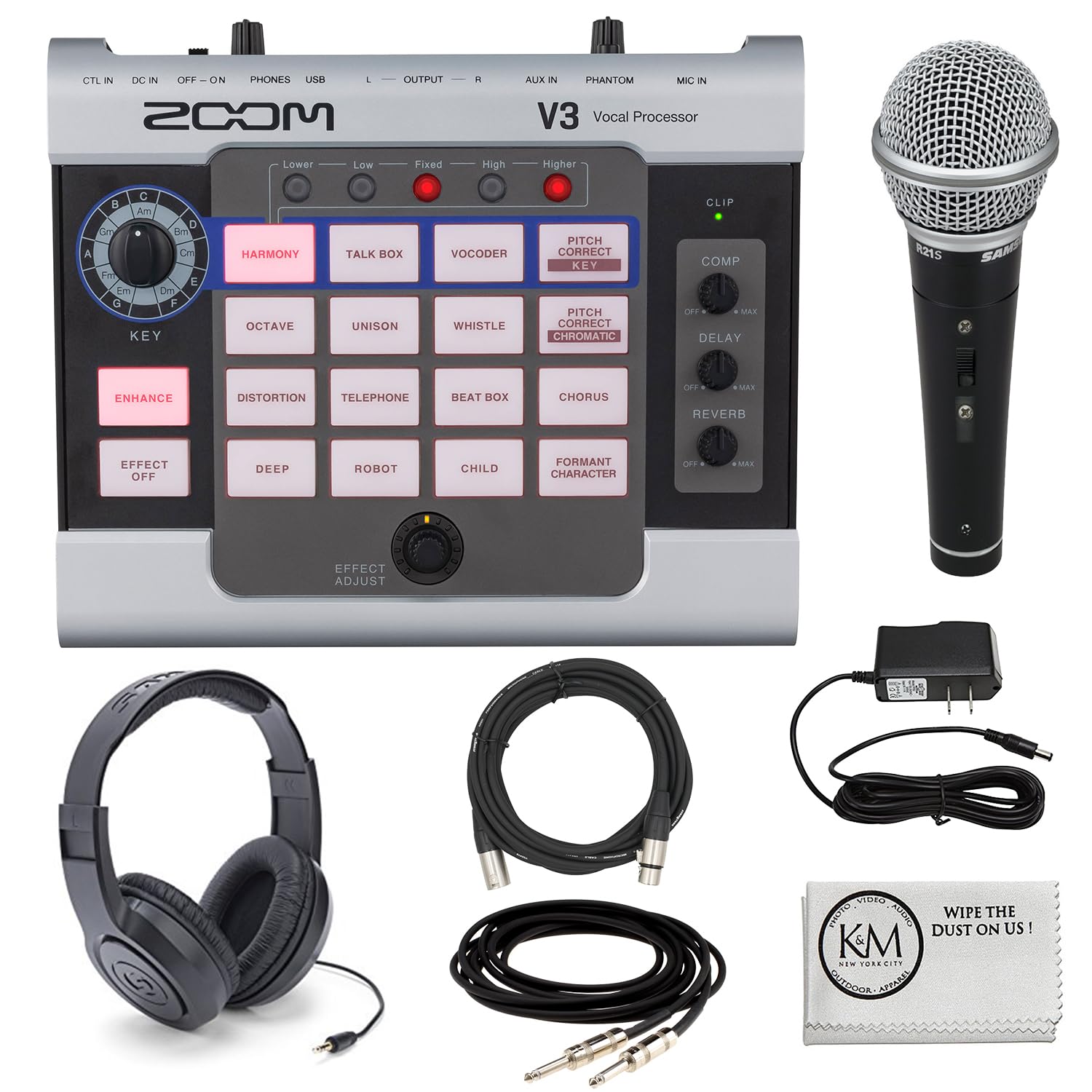Zoom V3 Vocal Processor Bundle with Handheld Cardioid Microphone + Headphones + 20 ft XLR Cable + 18.6 ft Instrument Cable + 9V Power Supply (7 Items)