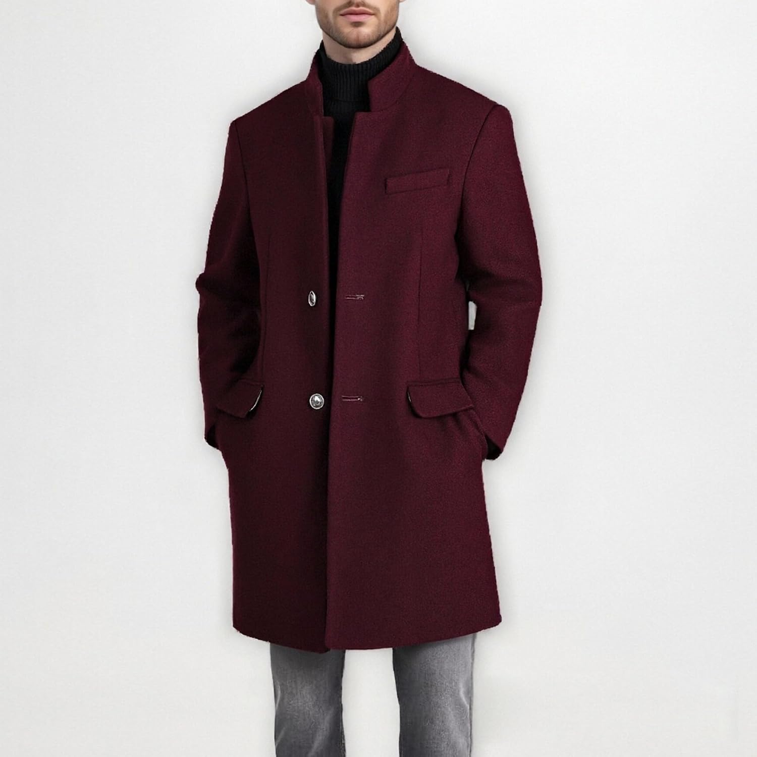 Maiyifu-GJ Men's Stand Collar Wool Blend Trench Coat Winter Warm Slim Fit Jacket Single-Breasted Business Overcoat