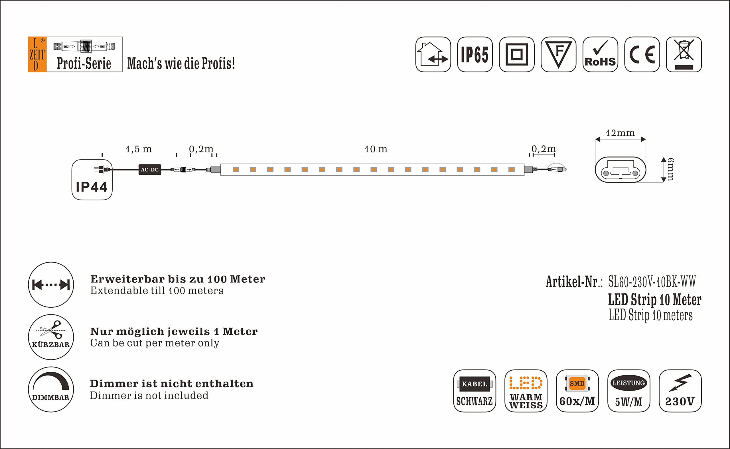 Profi Serie - Tiras de luz LED 10m Con Enchufe, exterior e interior, blanco cálido 3000K, 60LED/M, SMD2835, IP65, regulable, expandible, flexible, para escaleras, paredes, techos