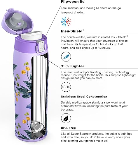 Miniatura 2 de Super Sparrow Botella de agua aislada de acero inoxidable, 12 onzas, 17 onzas, 25 onzas, taza de viaje sin BPA, frasco de metal a prueba de fugas