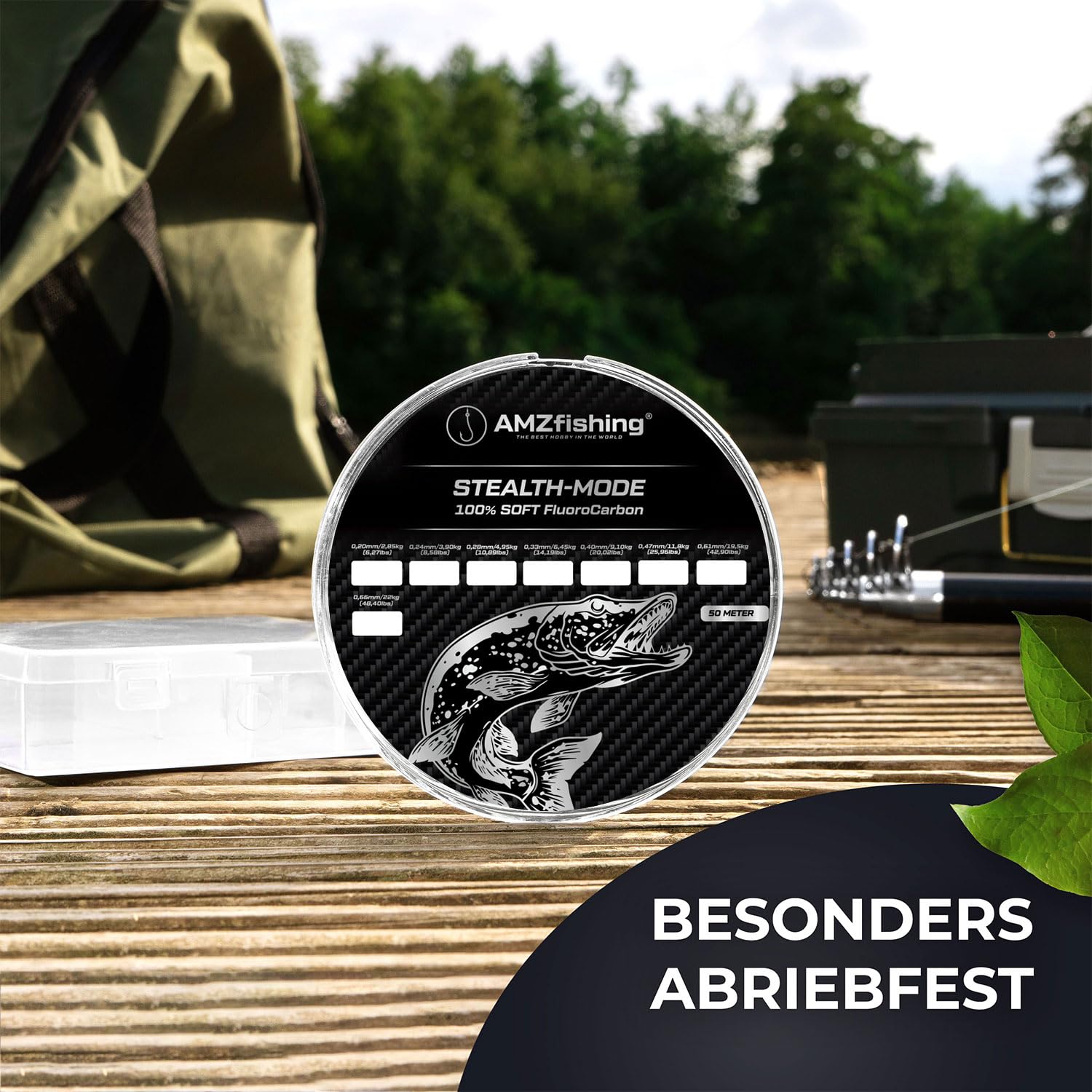 NEU AMZfishing® Stealth-Mode 50m Fluorocarbon Vorfachschnur 0,20-0,85 mm | 100% Fluorocarbon Angelschnur | Zandervorfach | Angelschnur | Angelzubehör