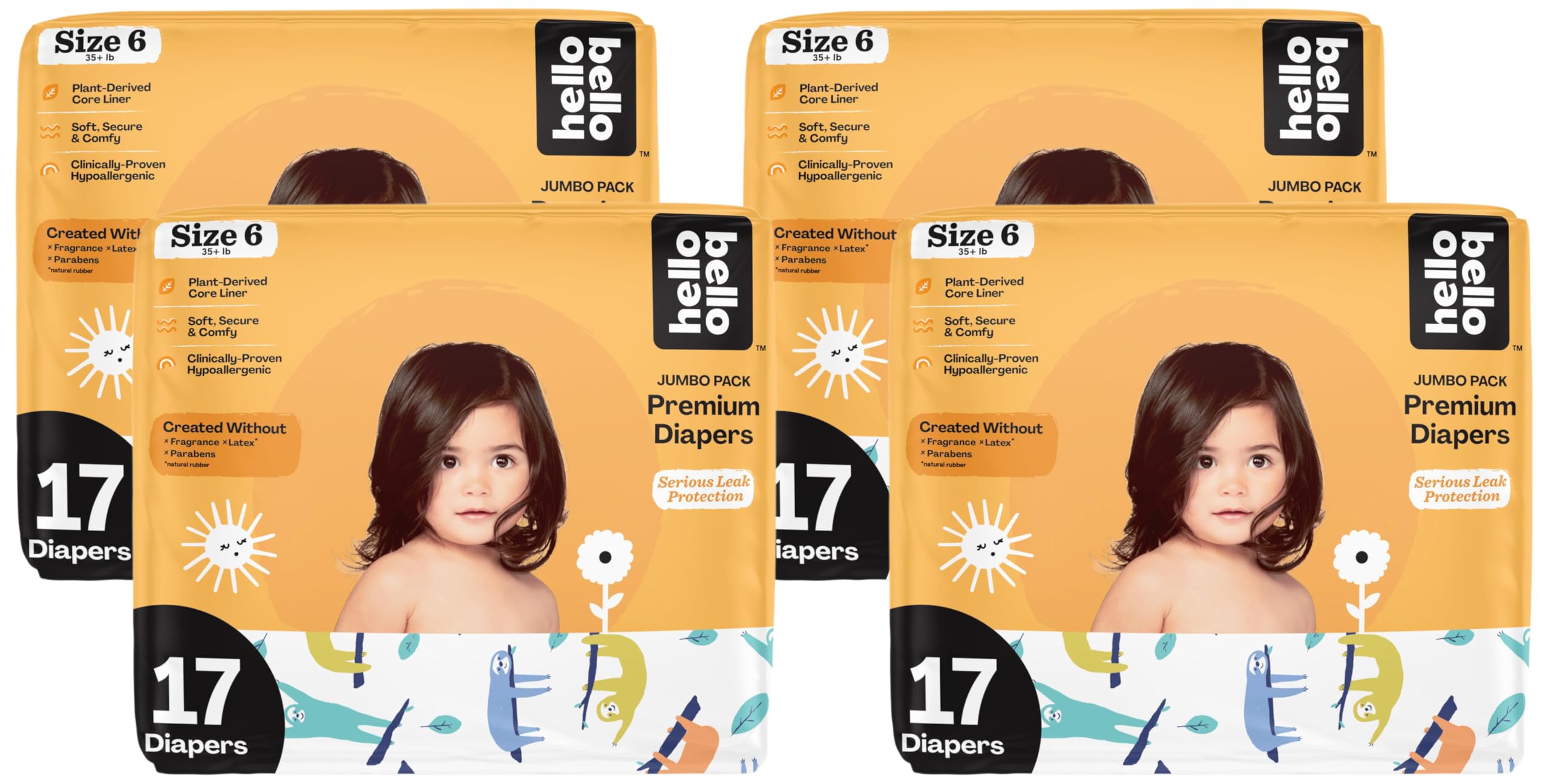 Hello Bello Premium Baby Diapers Size 6 I 17 Count of Disposable, Extra-Absorbent, Hypoallergenic Baby Diapers with Snug and Comfort Fit I Sleepy Sloth (Pack of 4)