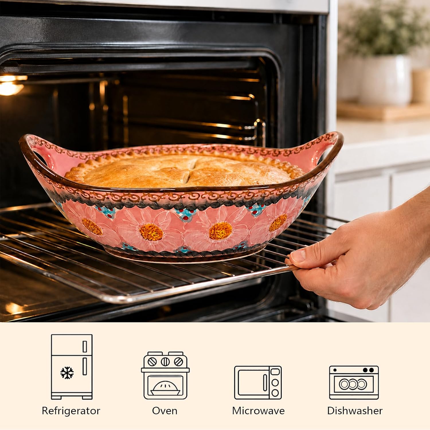 Handmade Ceramic Salad Bowls with Handles, 28 Oz Hand-Painted Pasta Bowls, 9.65” Colorful Large Serving Bowls for Salads, Fruits, Pasta and Dinner, Party, Dishwasher & Microwave Safe, Pink