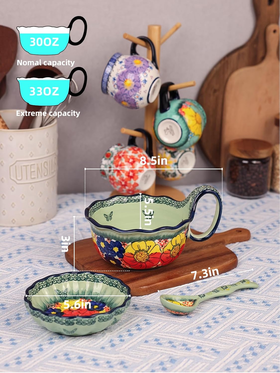 Handmade Ceramic Soup Bowl, Plate and Spoon Set, 30 Oz Hand Painted Bowl Set with Loop Handle, Floral Design Cereal Bowls for Soup, Ice cream, Snack, Microwave & Dishwasher Safe (Glazed Green)