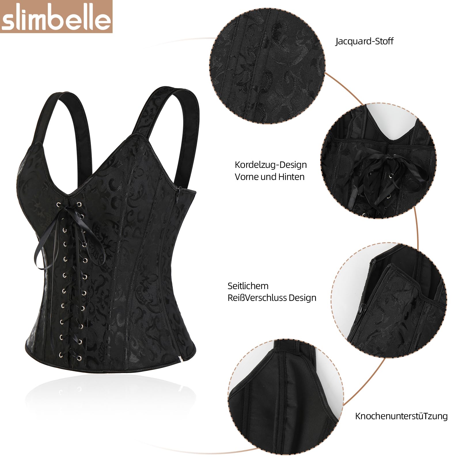 SLIMBELLE Gorset dla kobiet vintage gotycki gorset bielizna ślubna sznurowany top zamek błyskawiczny z paskami na ramiona i sznurkiem G beżowy czarny