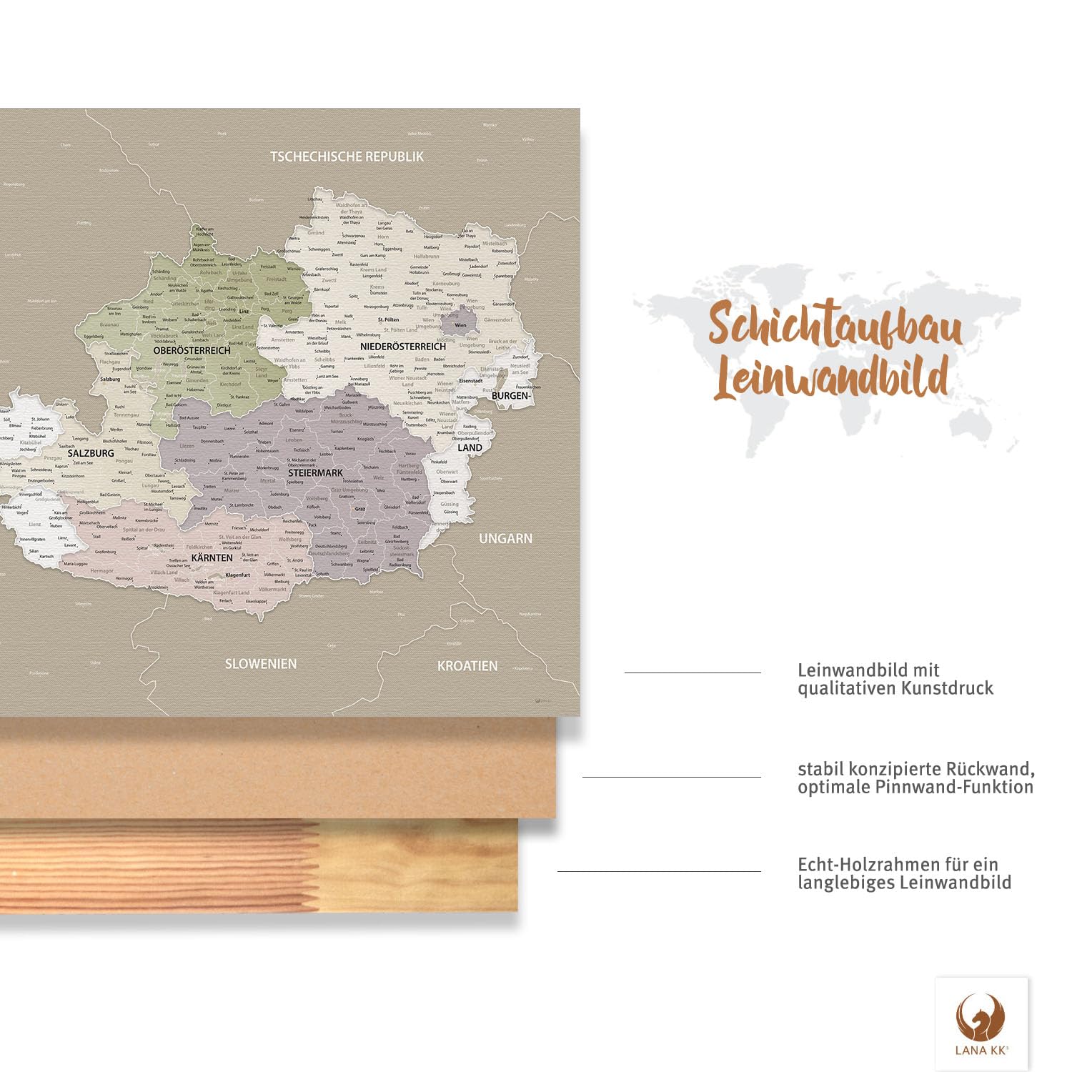 LANA KK - Premium Leinwandbild Österreichkarte - Grau Sand - Deutsch - in 80 x 60 cm, stabile Rückwand zum Pinnen inkl. Starterkit - Leinwand-Kunstdruck Wandbild Landkarte XXL