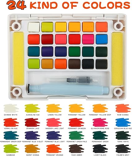 Miniatura 7 de Graspable - Juego de pintura de acuarela de colores vivos, juego de pintura de viaje, tamaño compacto, kit de acuarela con bolígrafo de agua, 24
