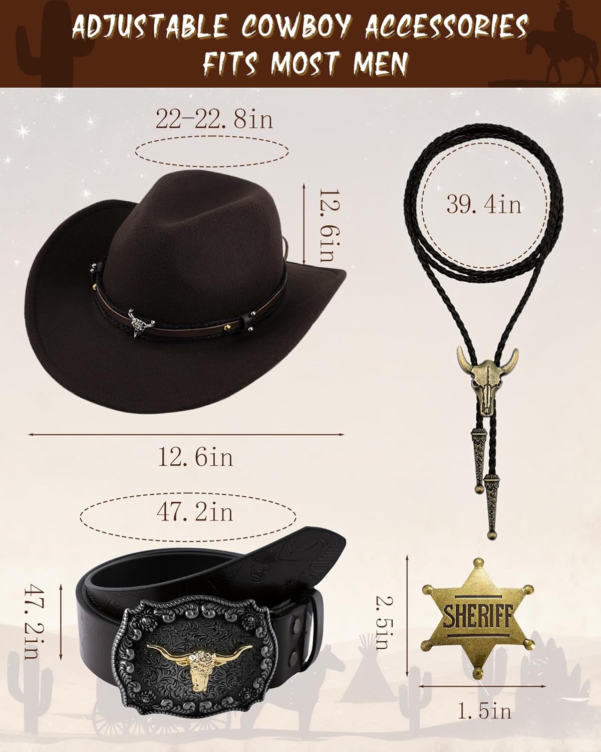 5 Pcs Western Outfits for Men Cowboy Suede Leather Vest Hat Necktie Buckle Belt Sheriff Badge for Halloween Costume