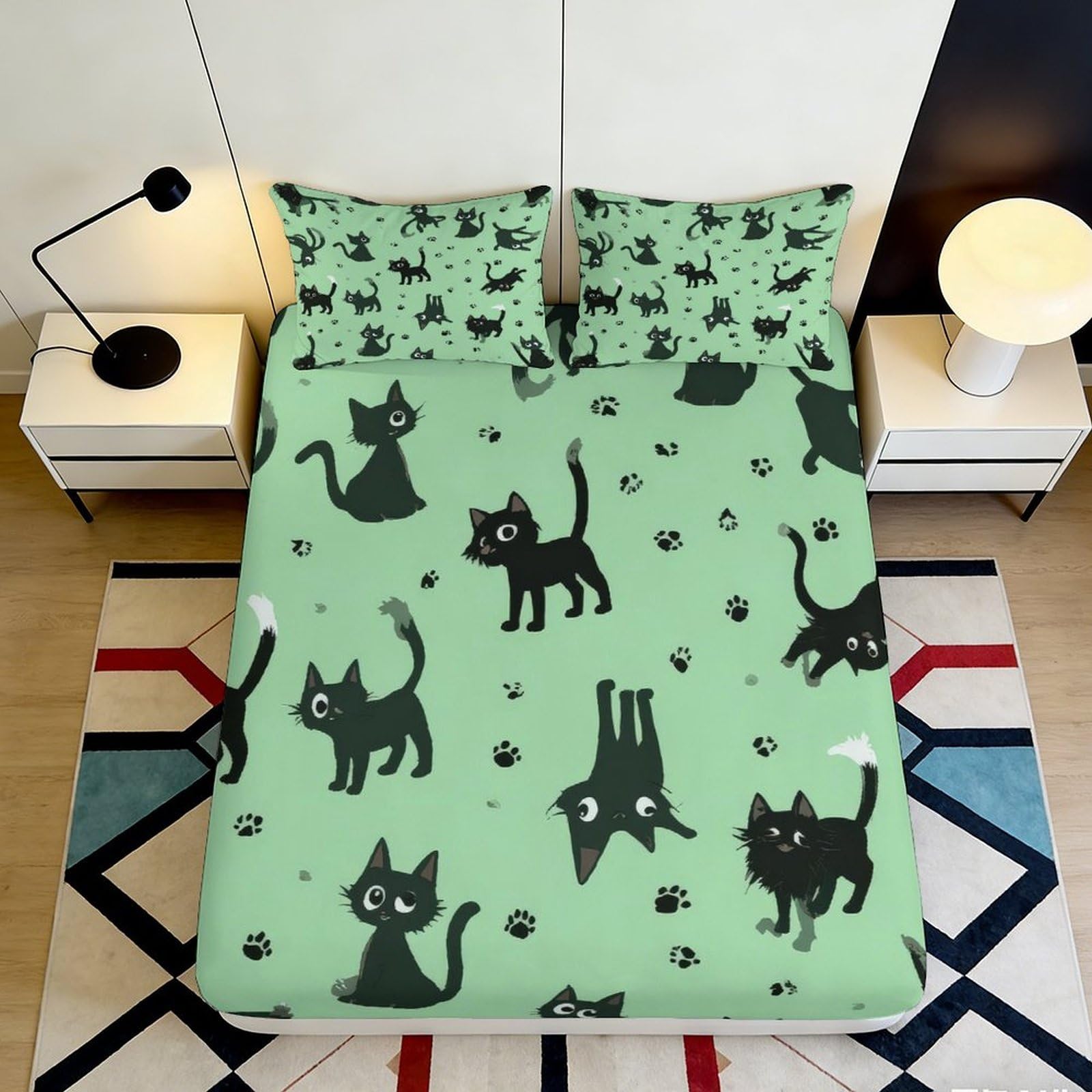 Jqzkxnhpbr Style-2 3D Printed Black Cat Fitted Sheet Microfiber Soft Green Cartoon Animal Bed Sheet For Bedroom Guest Room Decor 90X200x25cm