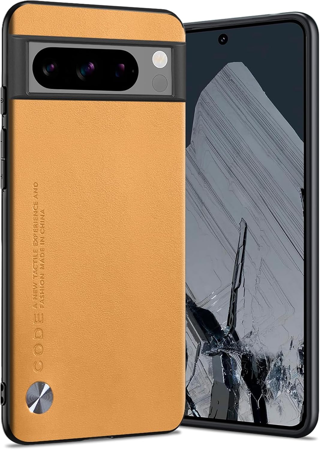 for Google Pixel 8 Pro Case, Anti-Fingerprint Faux Leather Back + Soft TPU Shockproof Durable Edges, Anti-Scratch Slim Fit Camera Protective Cover Phone Case for Google Pixel 8 Pro (Yellow)