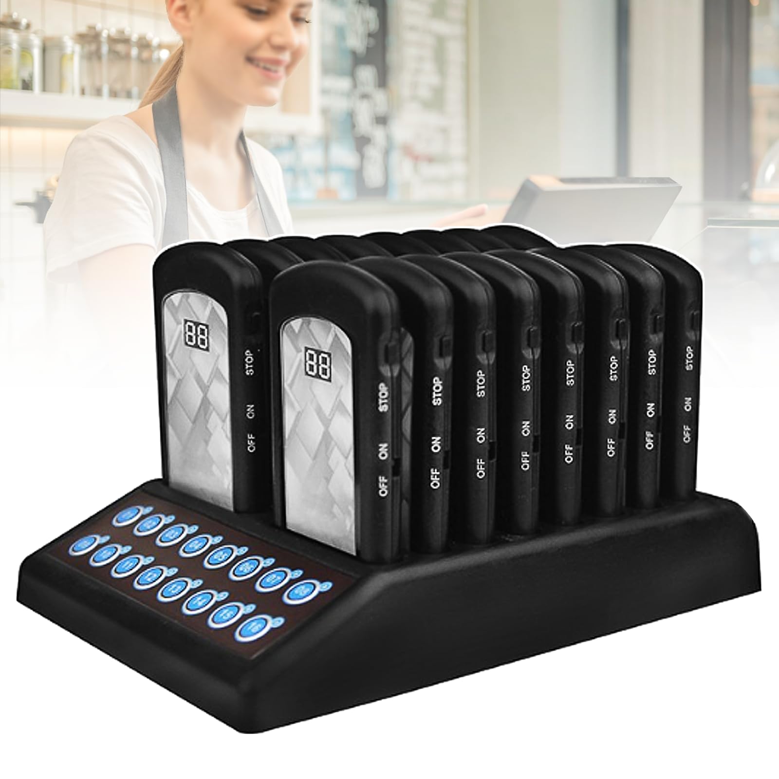 Buzzer Calling System, Restaurant Wireless Pager, 3 Calling Modes - Light/Vibration/Sound, Suitable for Queues Waiting for Service, Calling Customers from a Distance, 16pcs