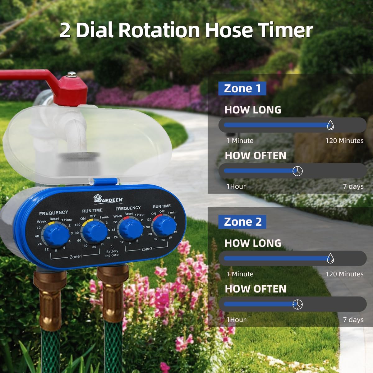 Dual Outlet Water Timer Irrigation Controller System, No Water Pressure Required