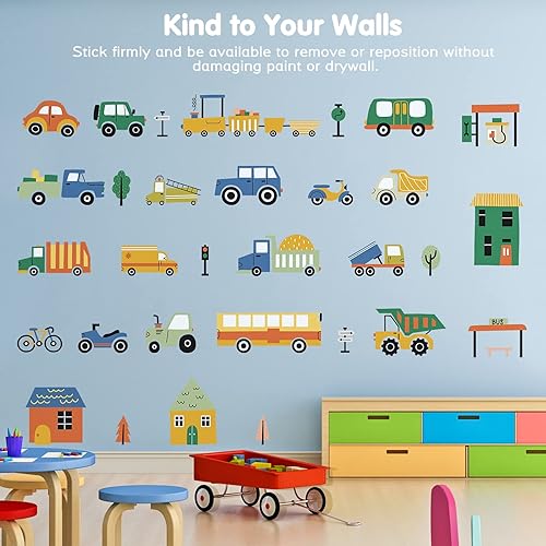 Miniatura 4 de Calcomanías de pared extraíbles de vehículos de ciudad de dibujos animados para decoración de pared de habitación de niños, vehículos de transporte,