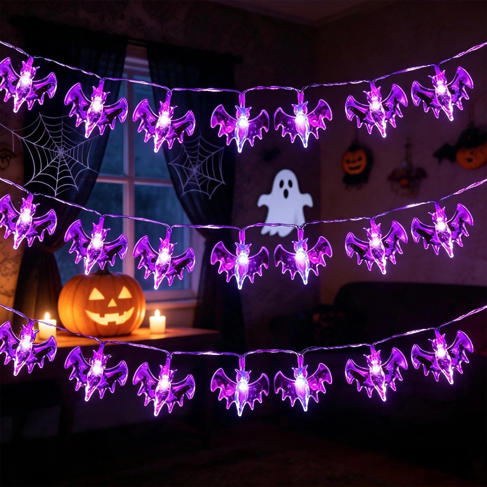 XVZ Halloween-Fledermaus-Lichterkette 3m 20 LED mit Timer Lila - Batteriebetrieben