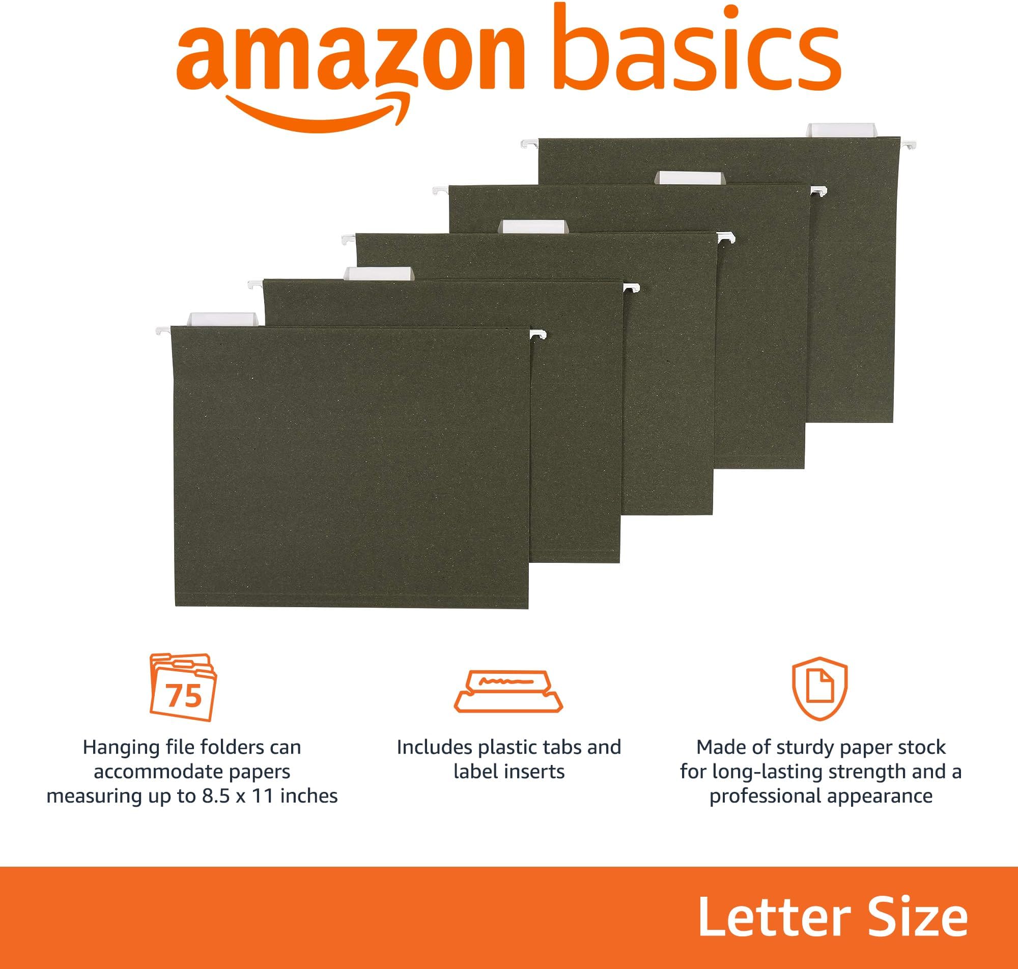 Amazon Basics Hanging File Folders, Letter Size, Standard Green, 1/5-Cut Tabs, 75 per Box