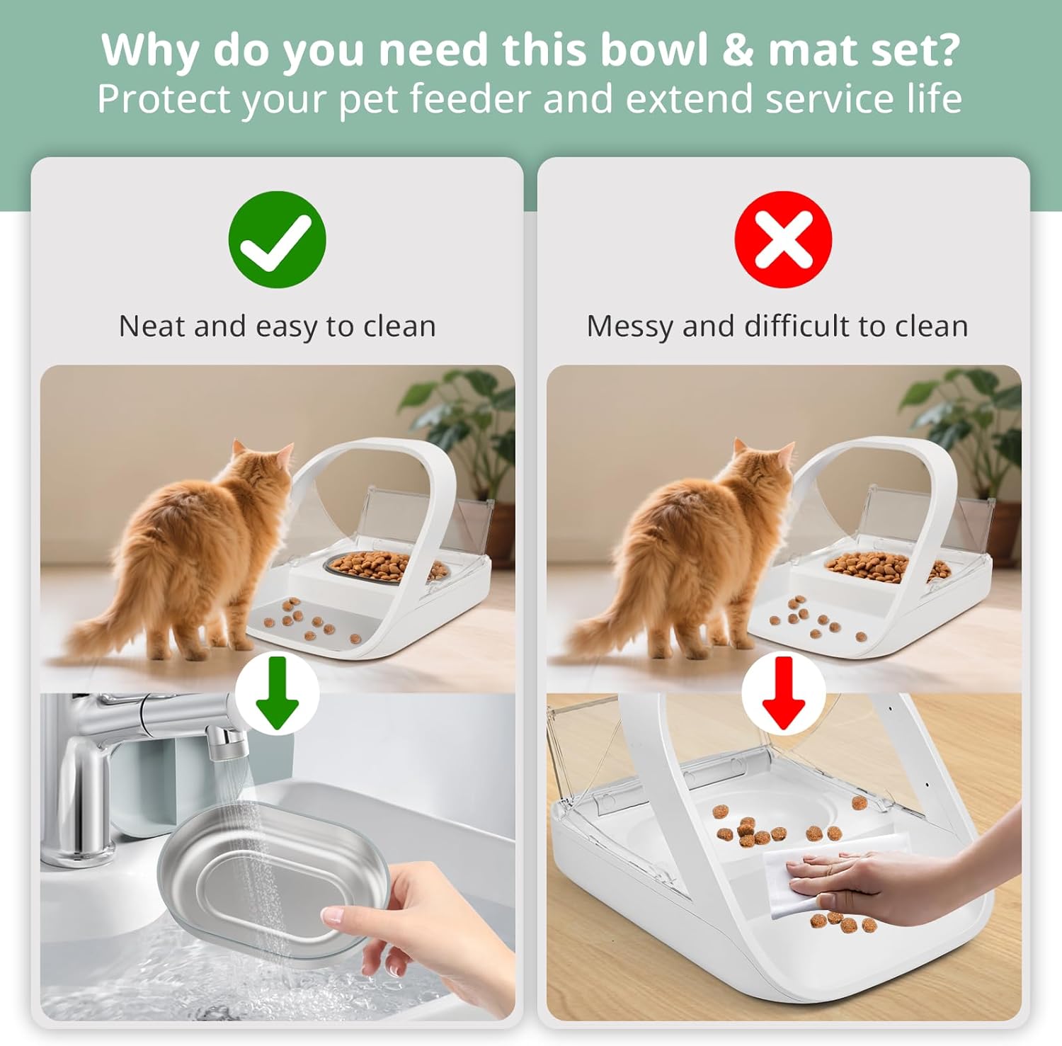 Stainless Steel Bowl for Automatic Microchip Cat Pet Feeder, Sealing Ring Design for Keeping Food Fresh and Reducing Odor, SUS 304, Easy to Clean, 2 Bowl & 1 Mat Set thumbnail