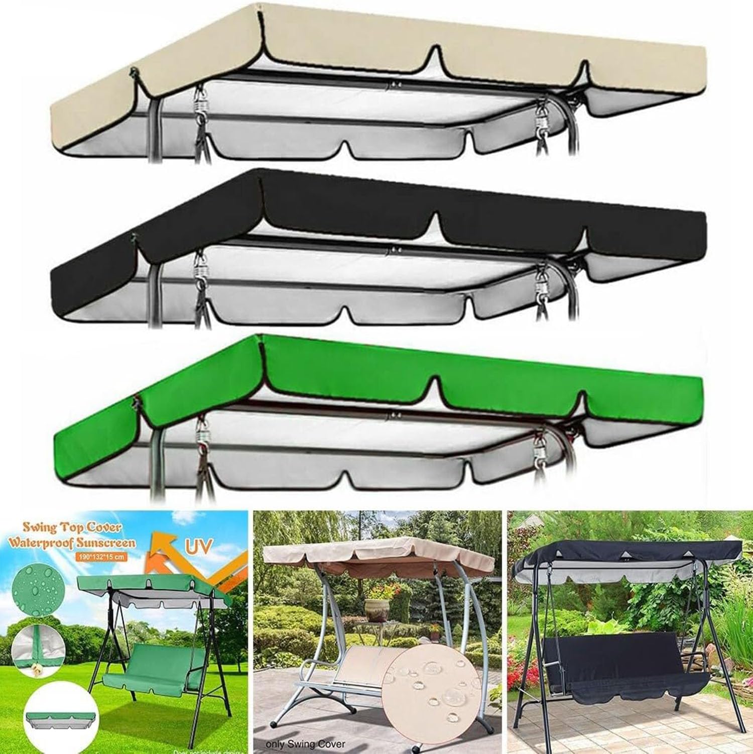 Baldacchino di ricambio impermeabile per dondolo da giardino a 3 posti, copertura estiva per esterni, ideale per patio, 195 x 125 x 15 cm, accessorio per mobili da giardino