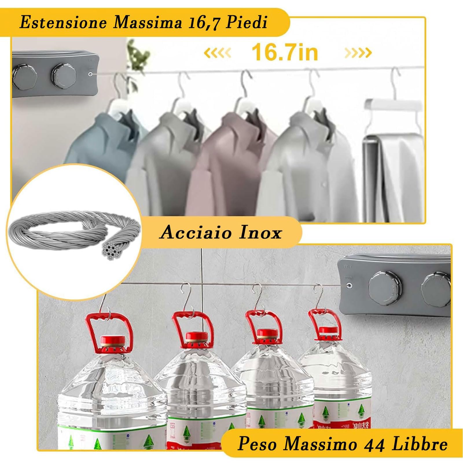 Domigard Corda per biancheria retrattile,stendibiancheria interna a parete doppia linea invisibile filo di lino estensibile in acciaio inossidabile,corda da biancheria regolabile2*5,1m (Grigiastro)