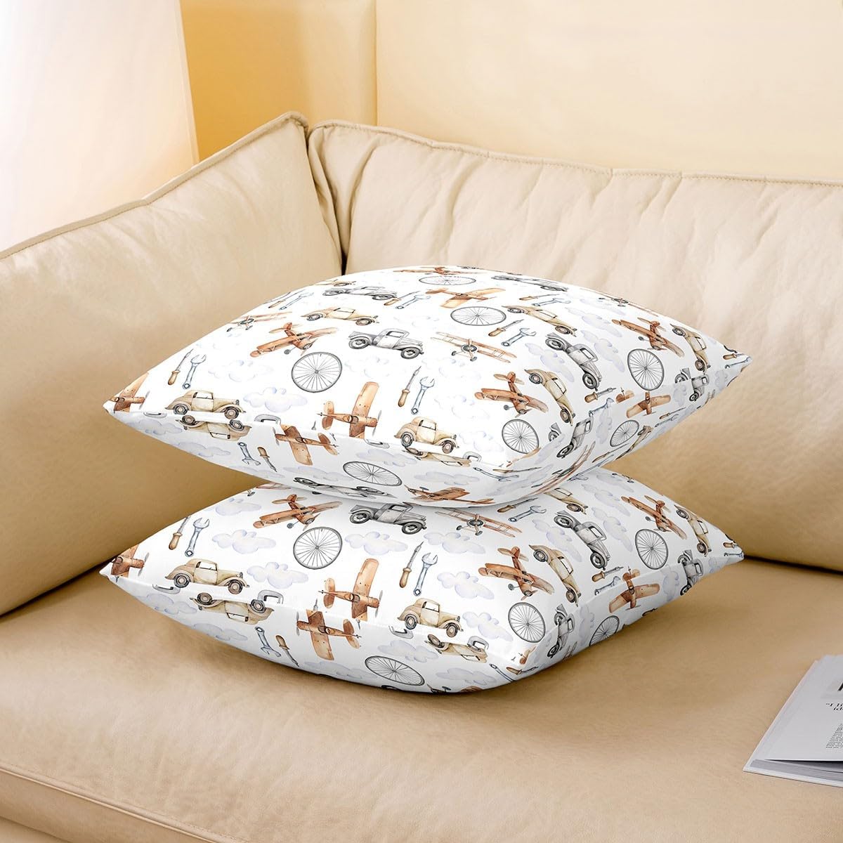 Retro Cars Throw Pillow Covers Watercolor Aircraft Cartoon Vehicle Decor Pillow Cases for Kids Boys Girls Vintage Airplanes 70s Car Print Cushion Covers for Living Room Sofa 24x24 Inch Set of 2
