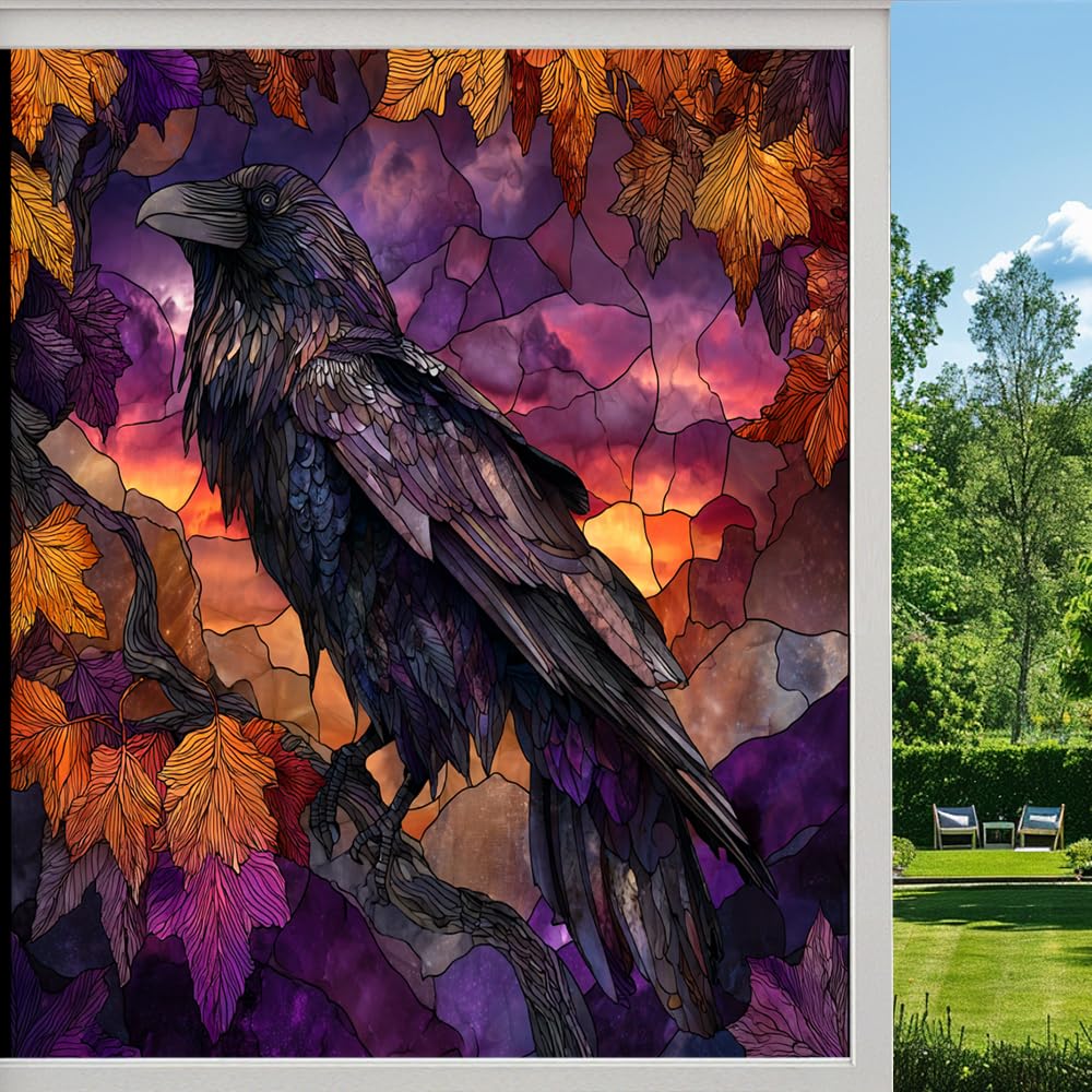 Mystical Raven Privacy Window Film, Colorful Crow Abstract Bird Frosted Self-Adhesive Vinyl Cling for Glass Doors Bathroom Windows Sun Blocking Heat Control,（80x140cm）