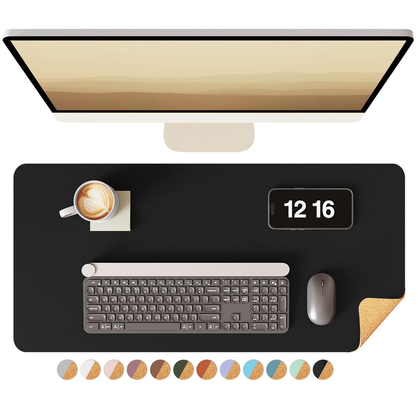 YSAGi Double-Sided Desk Pad, Leather Desk Mat, Eco Cork Desk Pad Protector, Large Mouse Pad for Desk, Waterproof Desk Blotter Pad, Desk Writing Pad for Office Work/Home(23.6"x13.7",Black+Cork) Black+cork 23.6"x13.7"