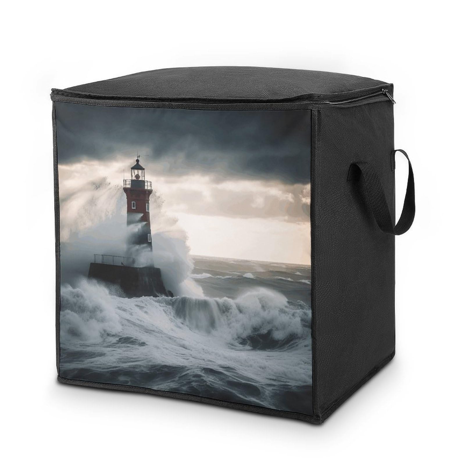 70L Lighthouse In Storm Storage Bag With Zipper Closet Organizers with Handle for Home Storage Organizer for Blankets Quilts Clothes Comforter Bedding And Pillows