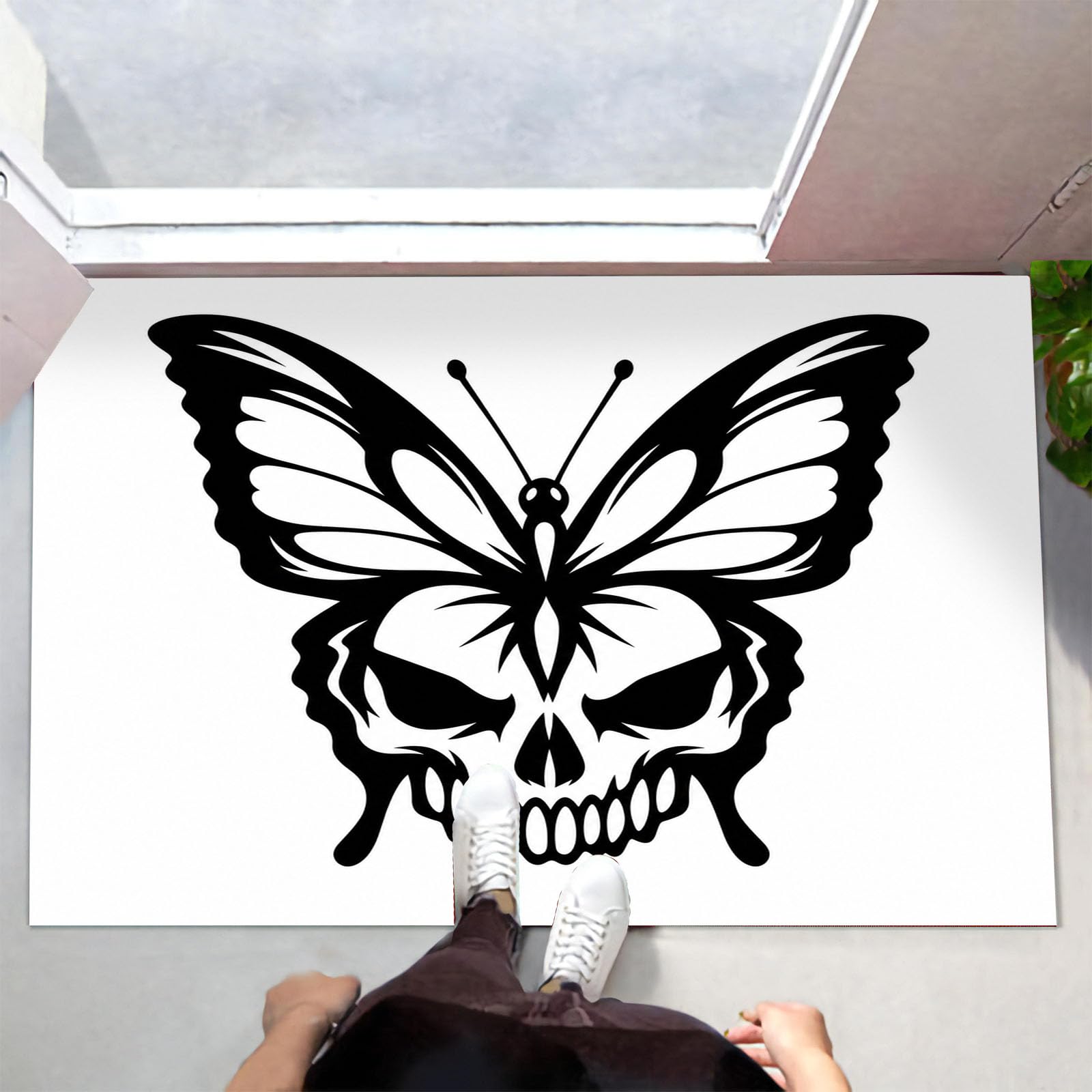 Zerbino Ingresso Interno Teschio Gotico E Farfalla, Zerbino Di Benvenuto Lavabile Morbida Animale Oscuro, Antiscivolo Tappeto Da Decorazioni Beige Per Casa Porta, 60X90Cm