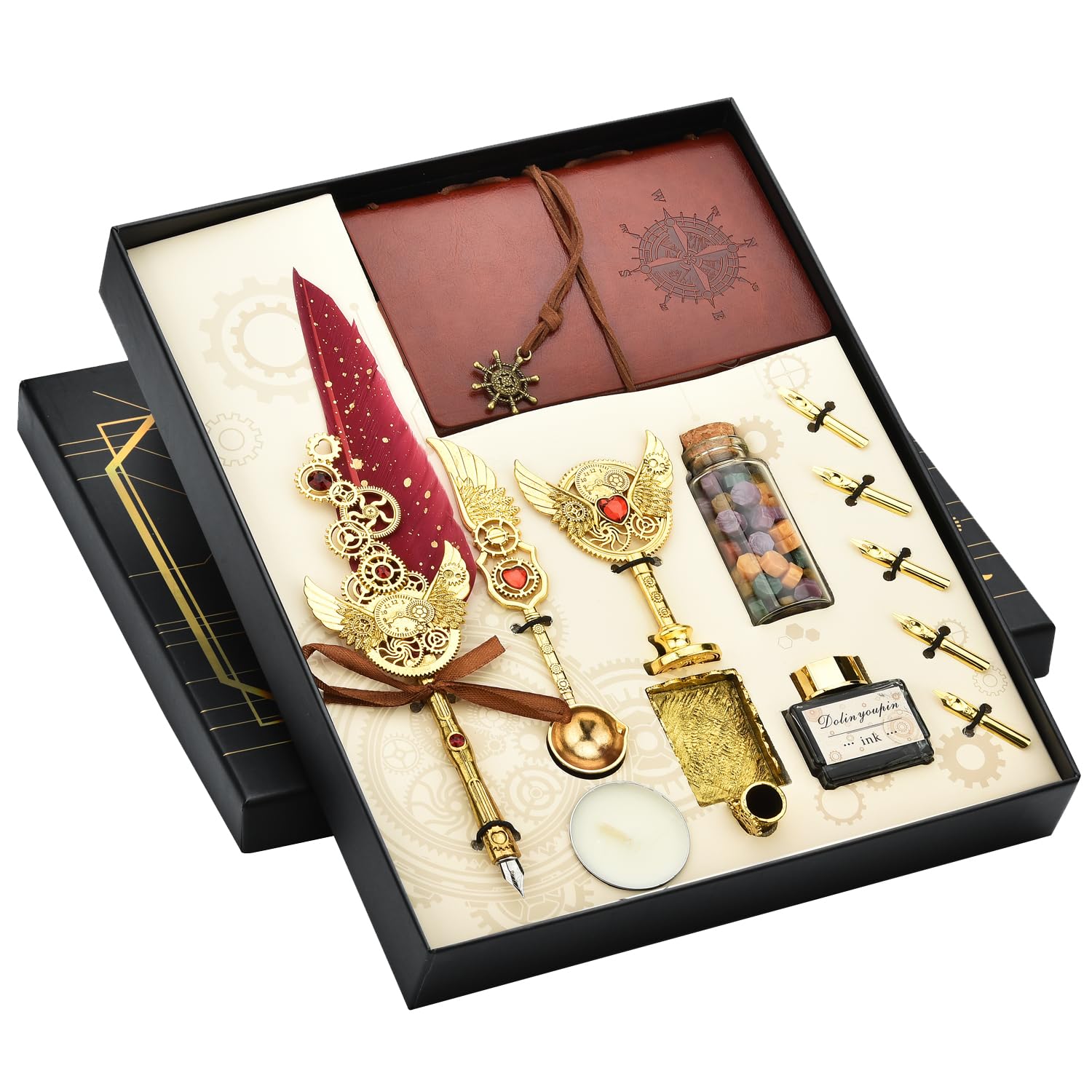 Hethrone Quill Pen and Ink Set - Calligraphy Pens for Writing Feather Pen with Black Ink 5 Replaceable Nibs Wax Stamp Notebook Gift Set (Red)