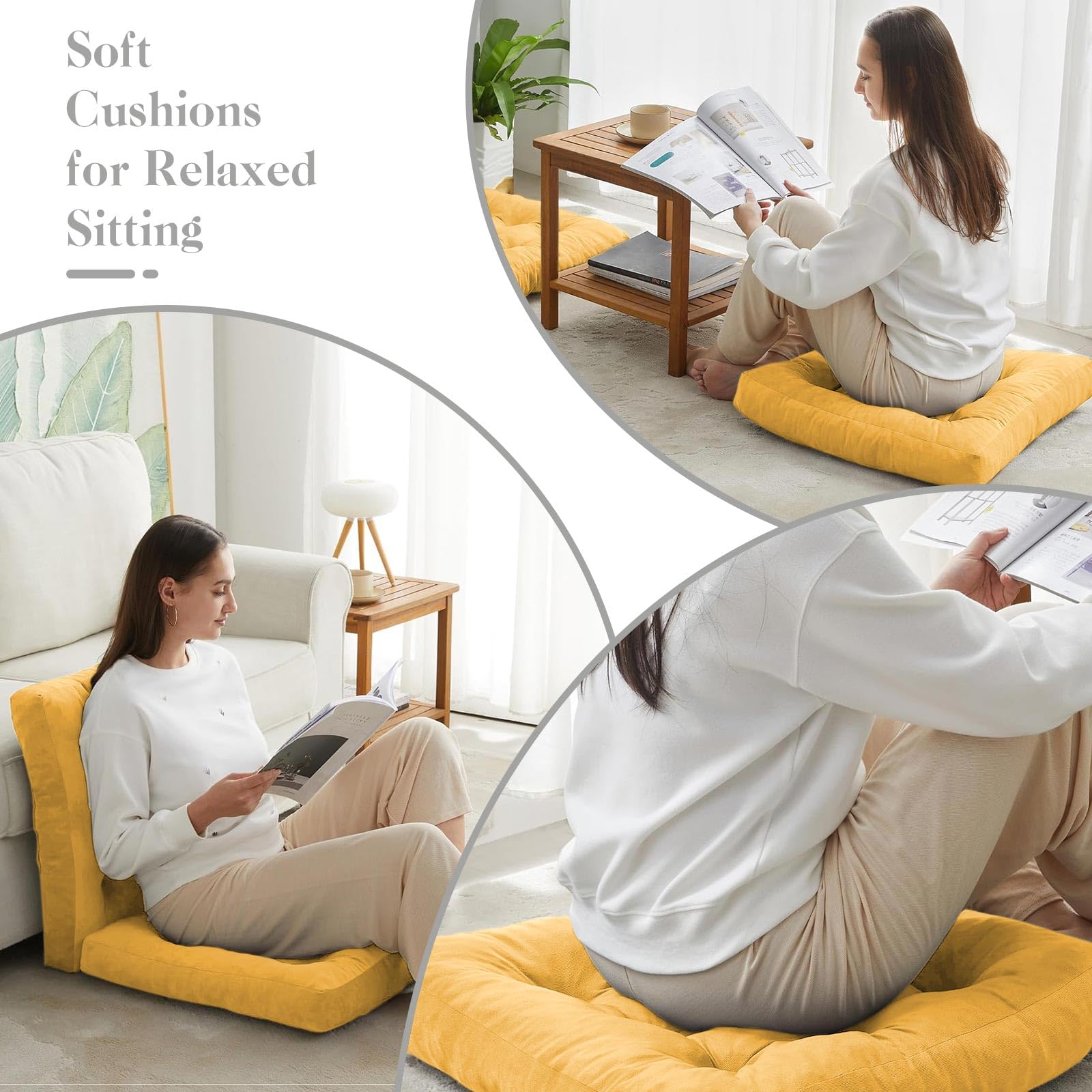 DAWNTREES Floor Pillow,1 Pack Square Large Pillows Seating for Adults,55x55x10 cm Gray Tufted Corduroy Cushions for Outdoor Yoga Tatami Fireplace Living Room,Yellow - Image 4