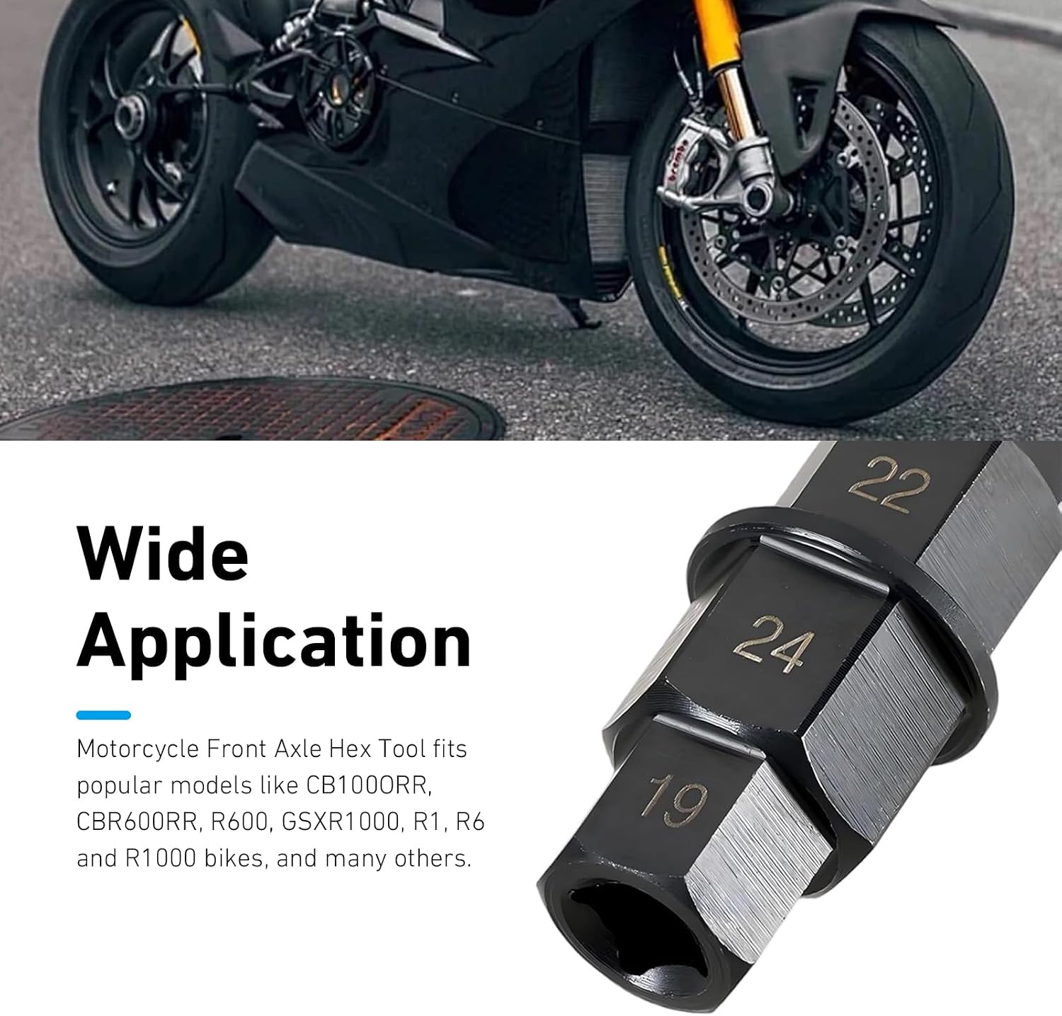 Motorcycle Hex Axle Tool, Front Wheel Spindle Concave Hex Socket, 0.66" 0.74" 0.86" 0.94" 4 Sizes Socket Adapter, Portable Removal Tool for Most Motorcycles (Black)