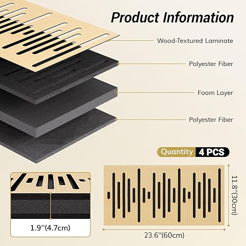 Miniatura 2 de TONOR Paquete de 4 paneles de pared de madera acústica, panel de pared autoadhesivo 3D de 23.6 x 11.8 x 1.9 pulgadas, azulejos insonorizados de tres